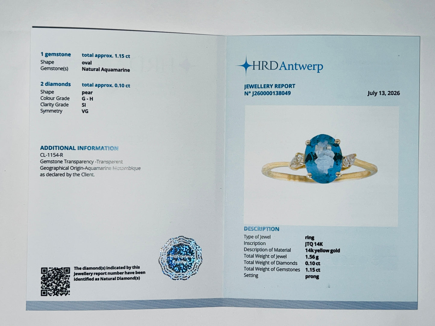 1.25 Ct Oval Natural Aquamarine 14K Gold Ring