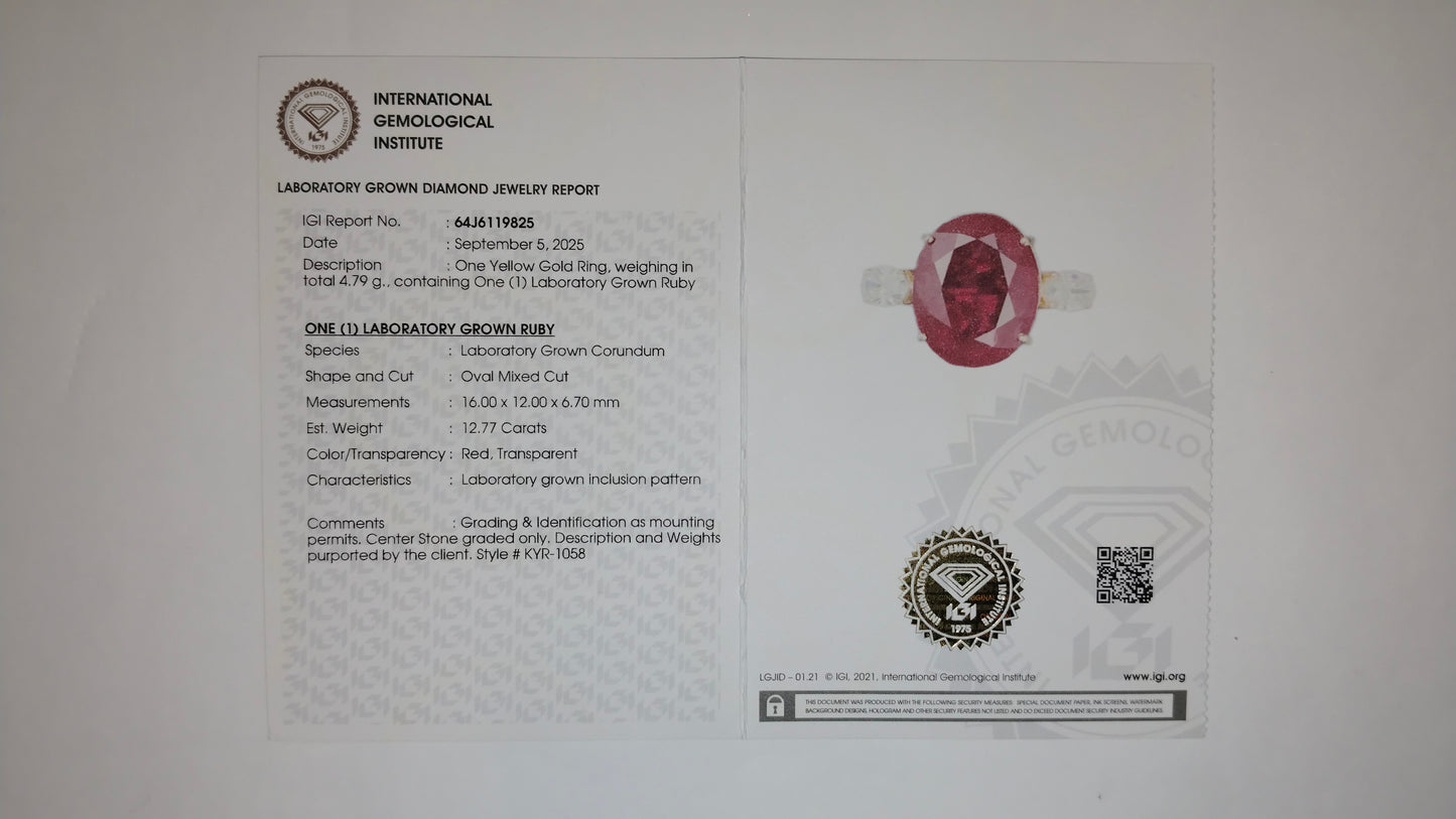 13.60 Ct Oval Mixed Cut Lab Grown Ruby 14K Gold Ring