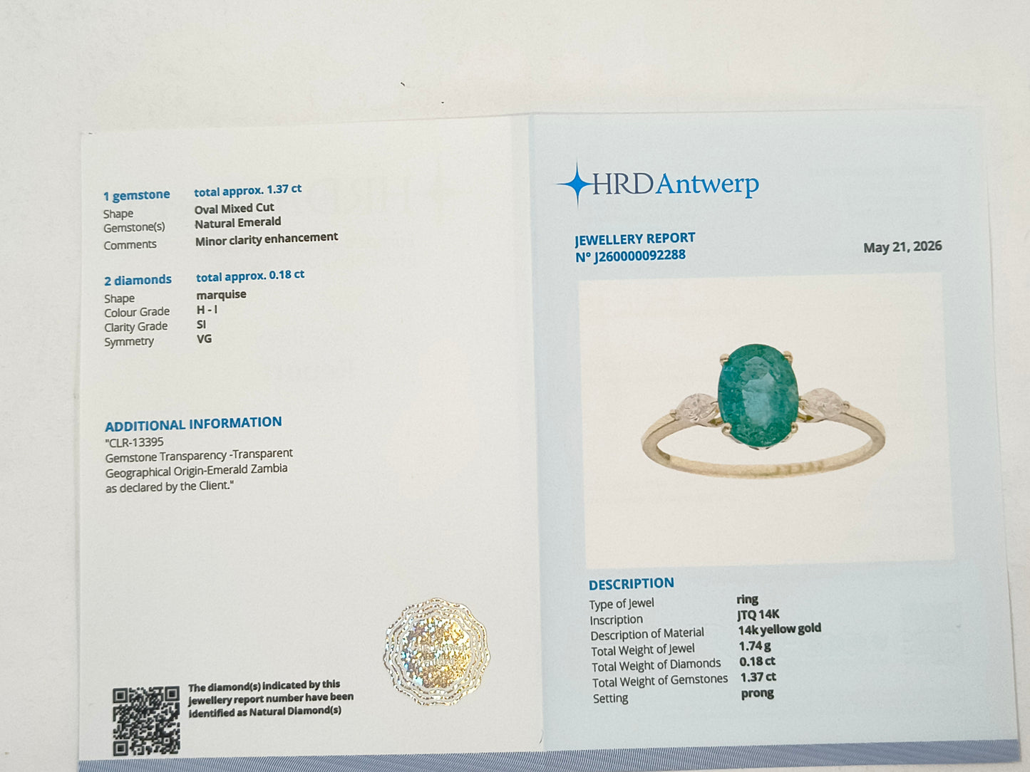 1.55 Ct Oval Emerald 14K Gold Ring