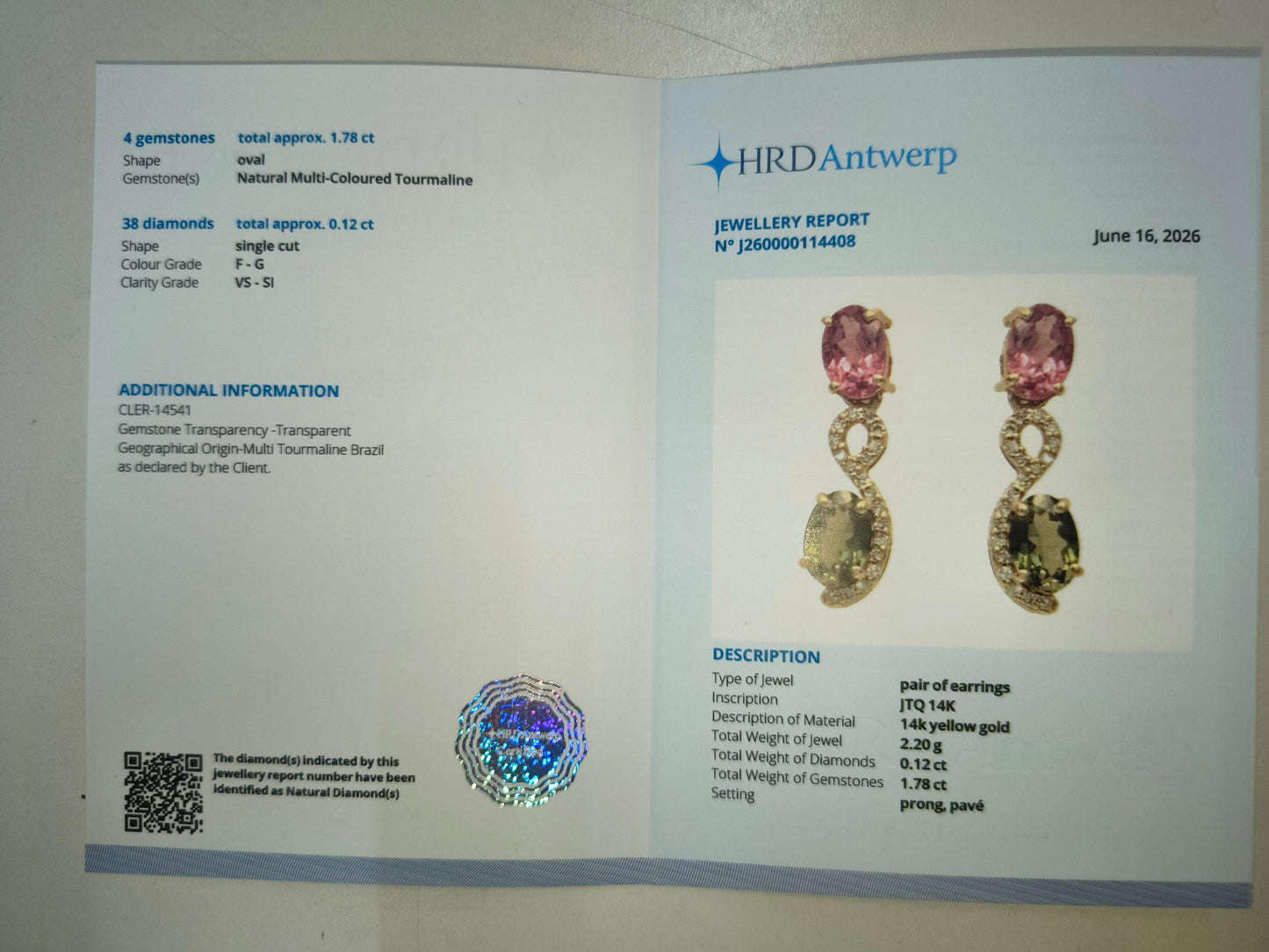 1.90 Ct Oval Natural Multi-Coloured Tourmaline 14K Gold Earrings