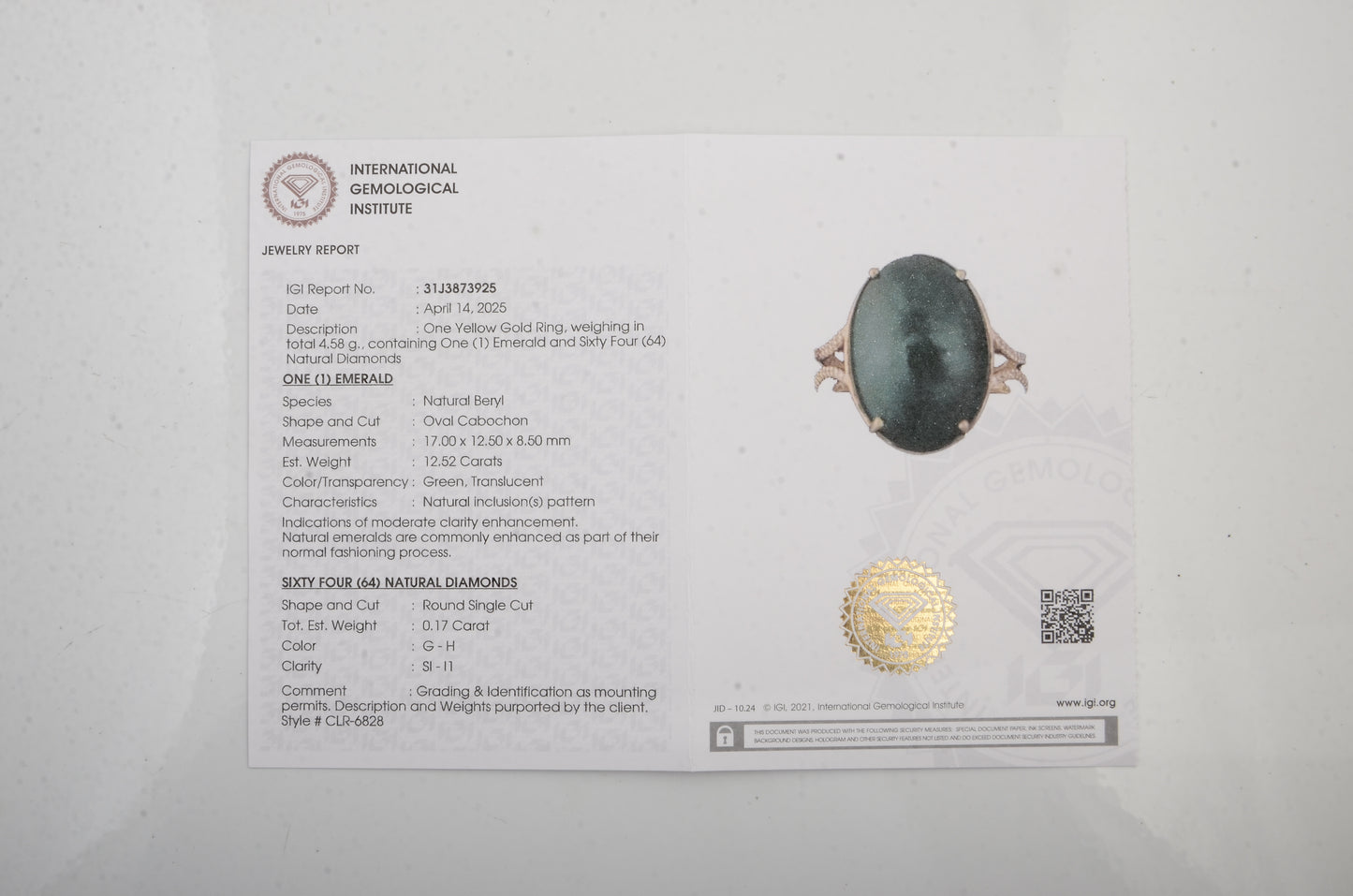 12.69 Ct Oval Cabochon Emerald 14K Gold Ring