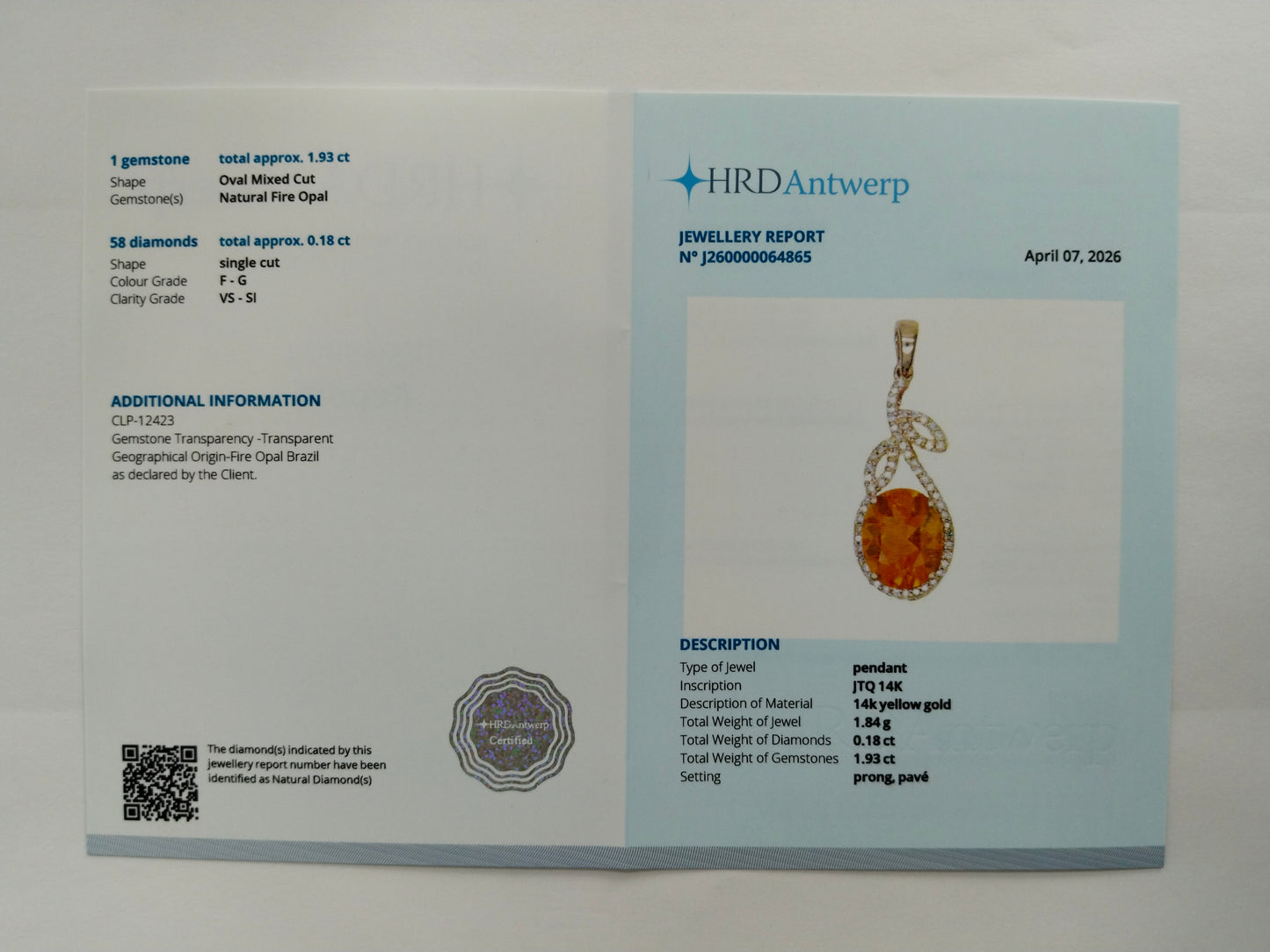 2.11 Ct Oval Mixed Cut Natural Fire Opal 14K Gold Pendant