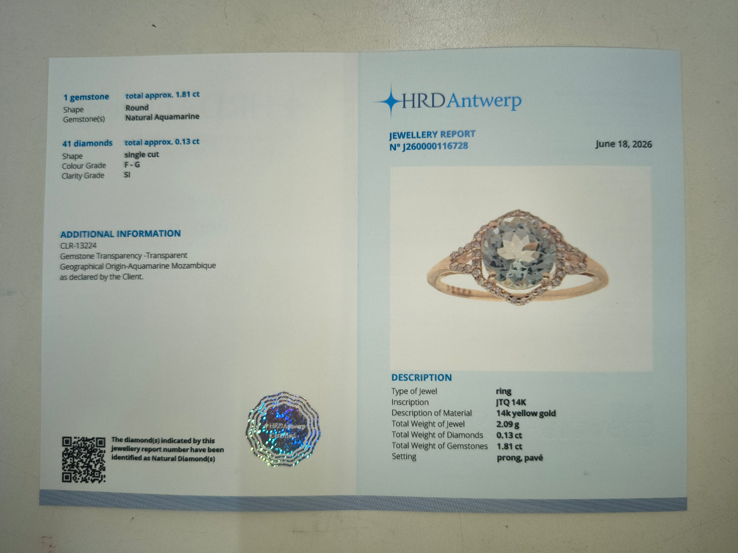 1.94 Ct Round Natural Aquamarine 14K Gold Ring