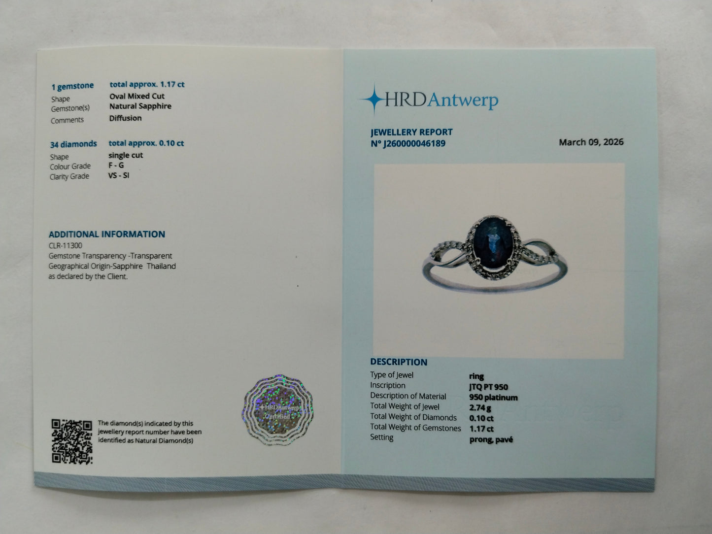 1.27 Ct Oval Mixed Cut Natural Sapphire 950 Platinum Ring