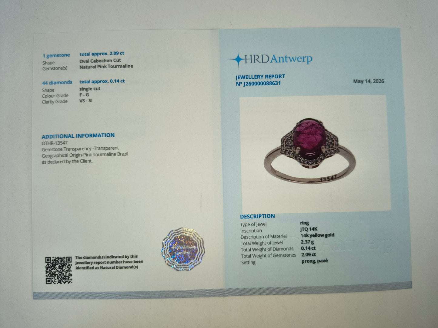 1.92 Ct Oval Cabochon Cut Natural Pink Tourmaline 14K Gold Ring