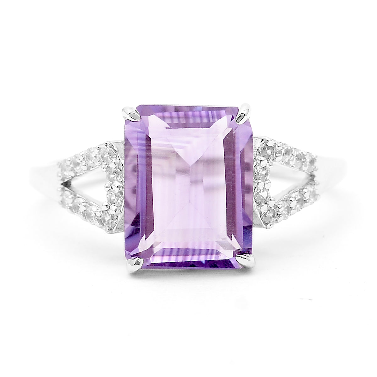 3.14 Ct Octagon Amethyst, White Zircon 925 Sterling Silver Ring