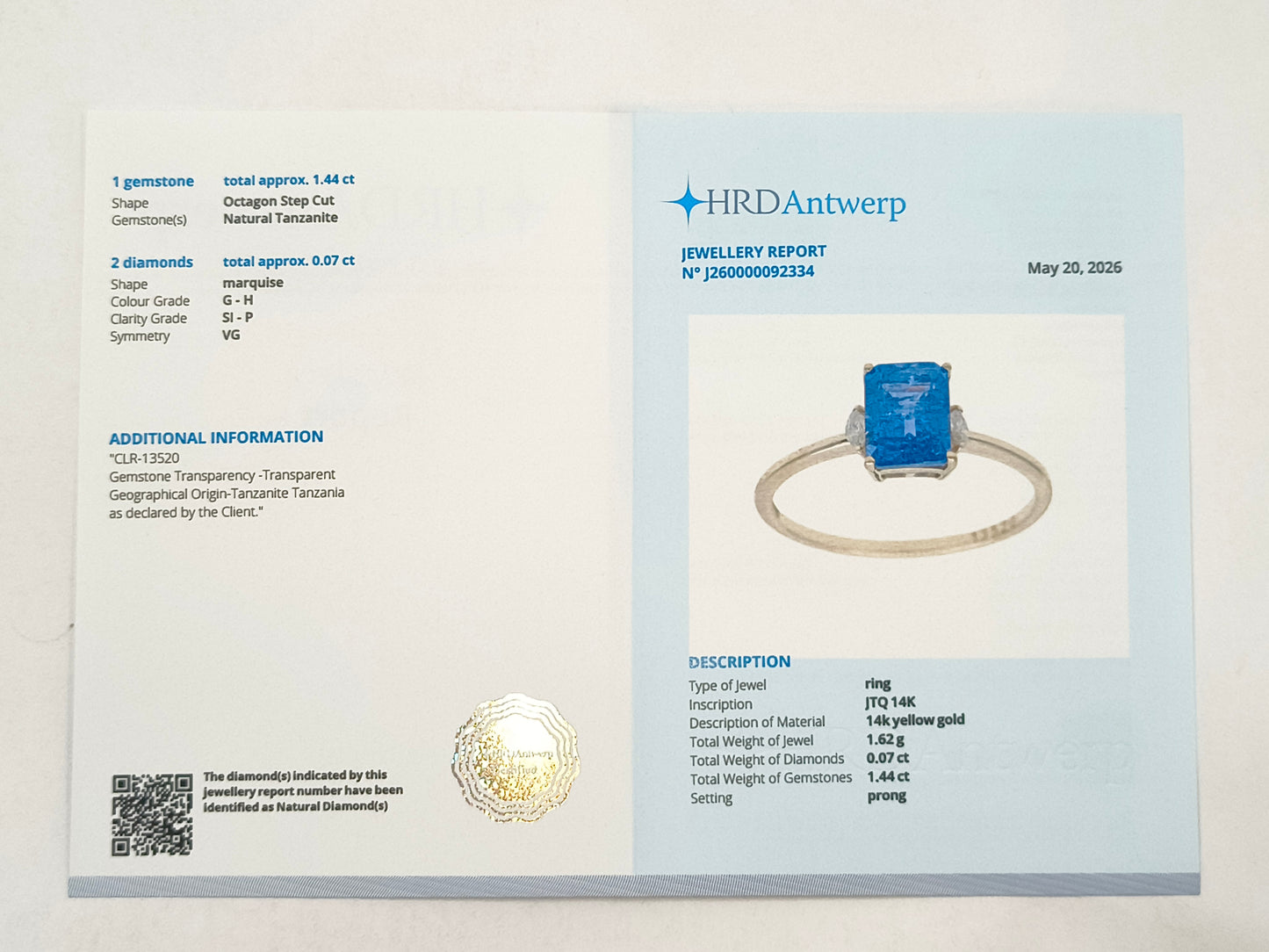 1.51 Ct Octagon Tanzanite 14K Gold Ring