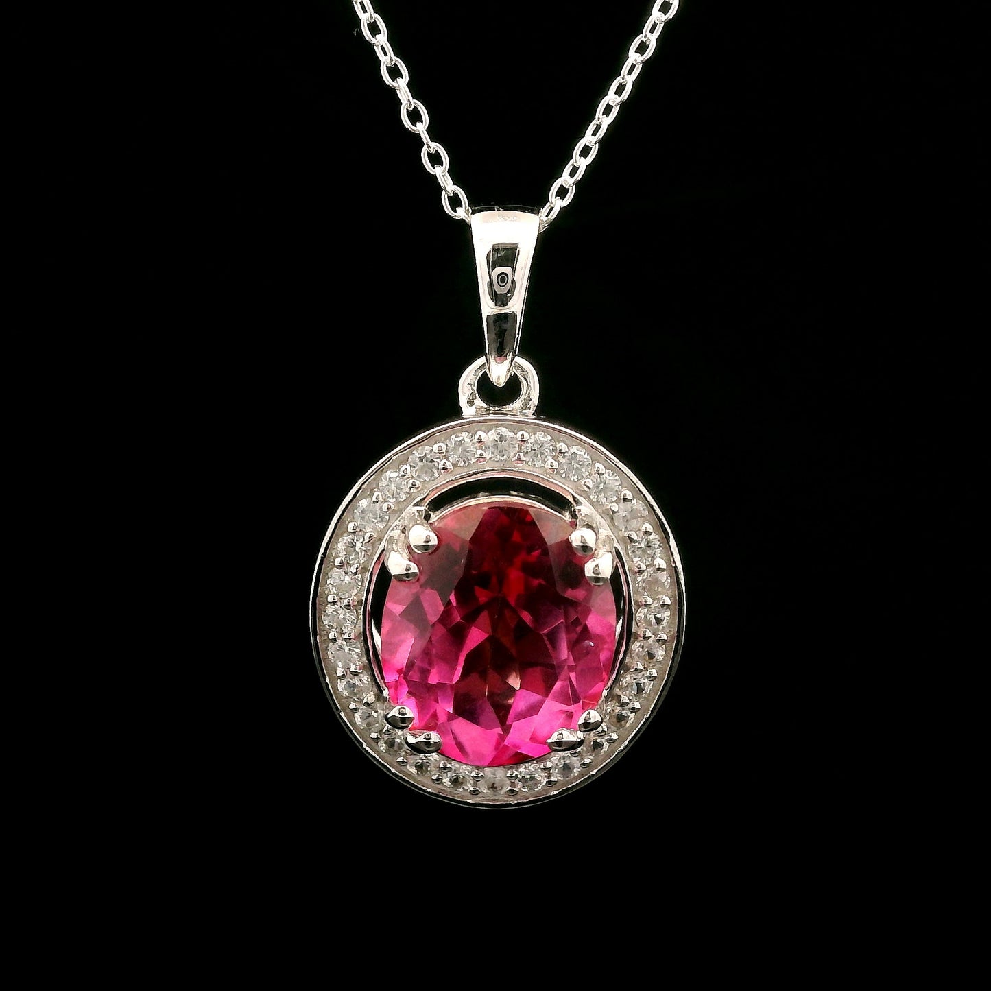 5.64 Ct Oval Pink Topaz, White Zircon 925 Sterling Silver Pendant
