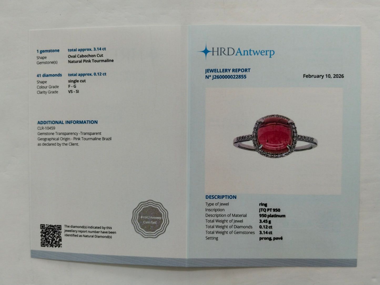 3.26 Ct Oval Cabochon Cut Natural Pink Tourmaline 950 Platinum Ring