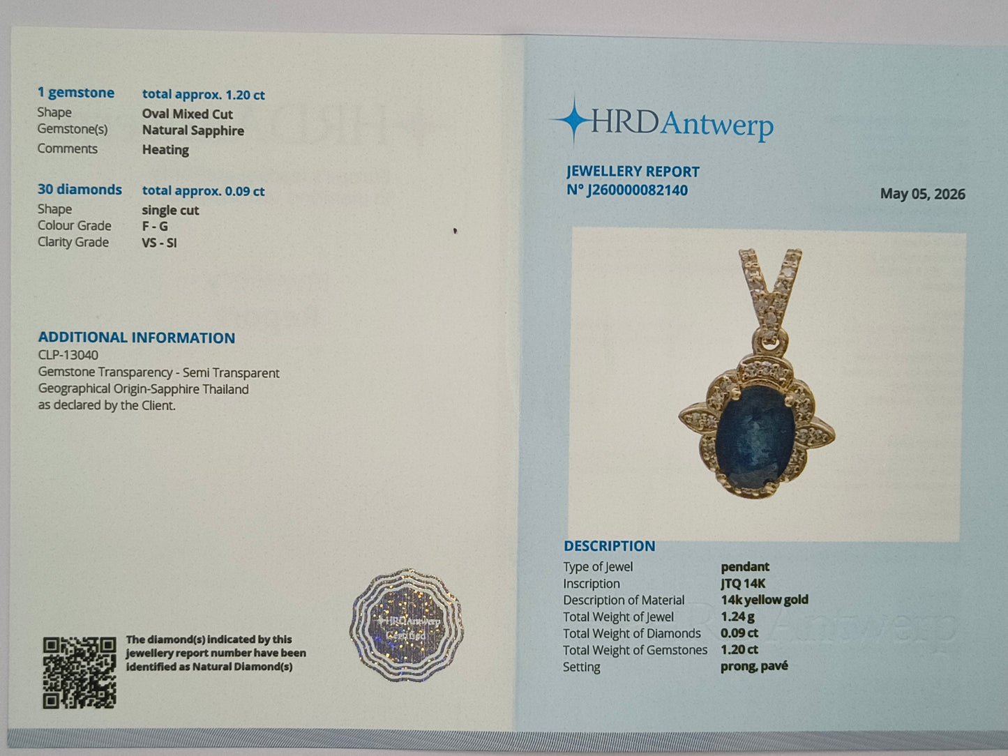 1.29 Ct Oval Mixed Cut Natural Sapphire 14K Gold Pendant