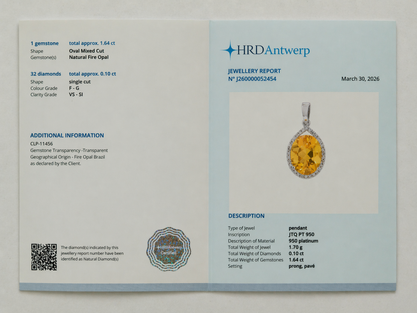 1.74 Ct Oval Mixed Cut Natural Fire Opal 950 Platinum Pendant