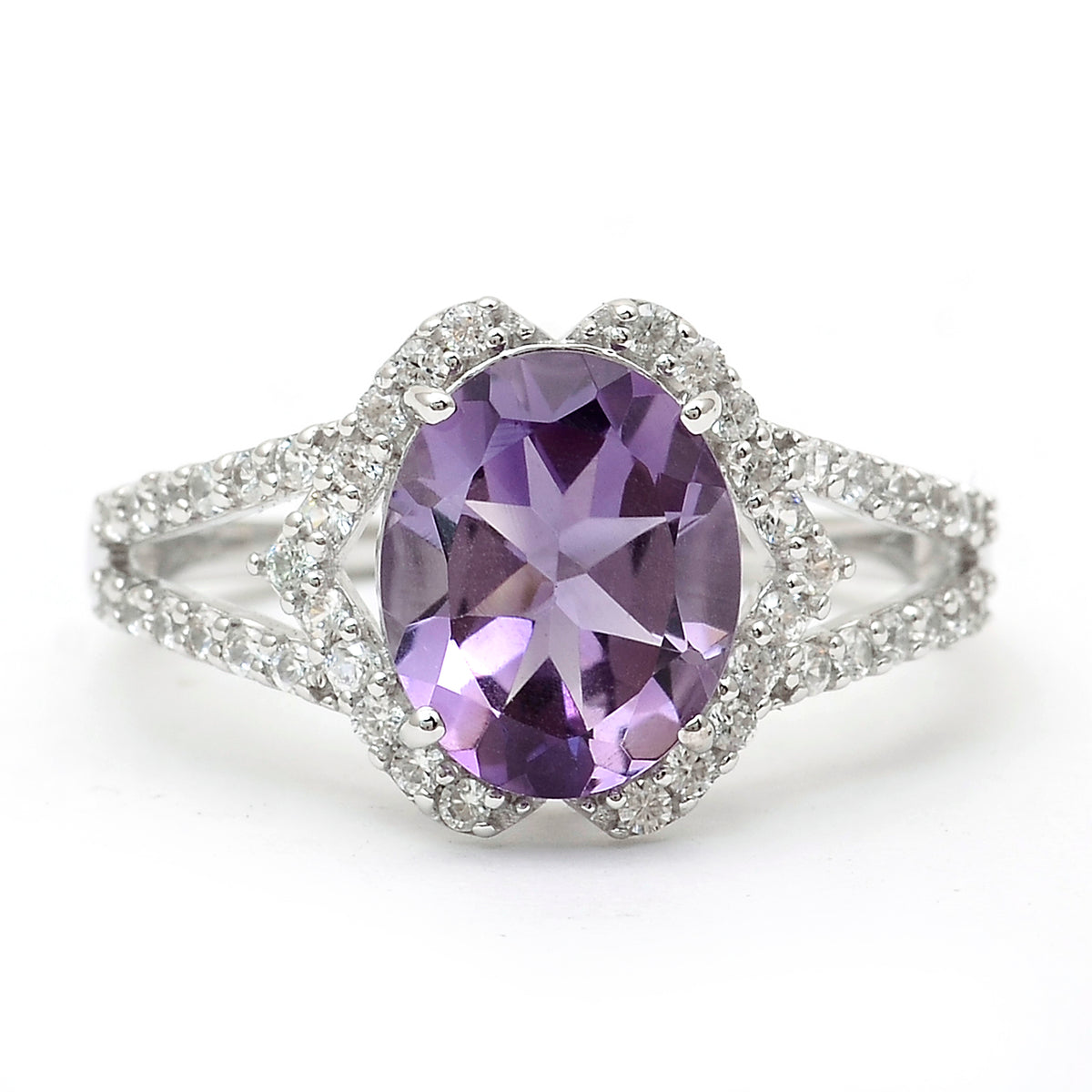 2.71 Ct Oval Amethyst, White Zircon 925 Sterling Silver Ring