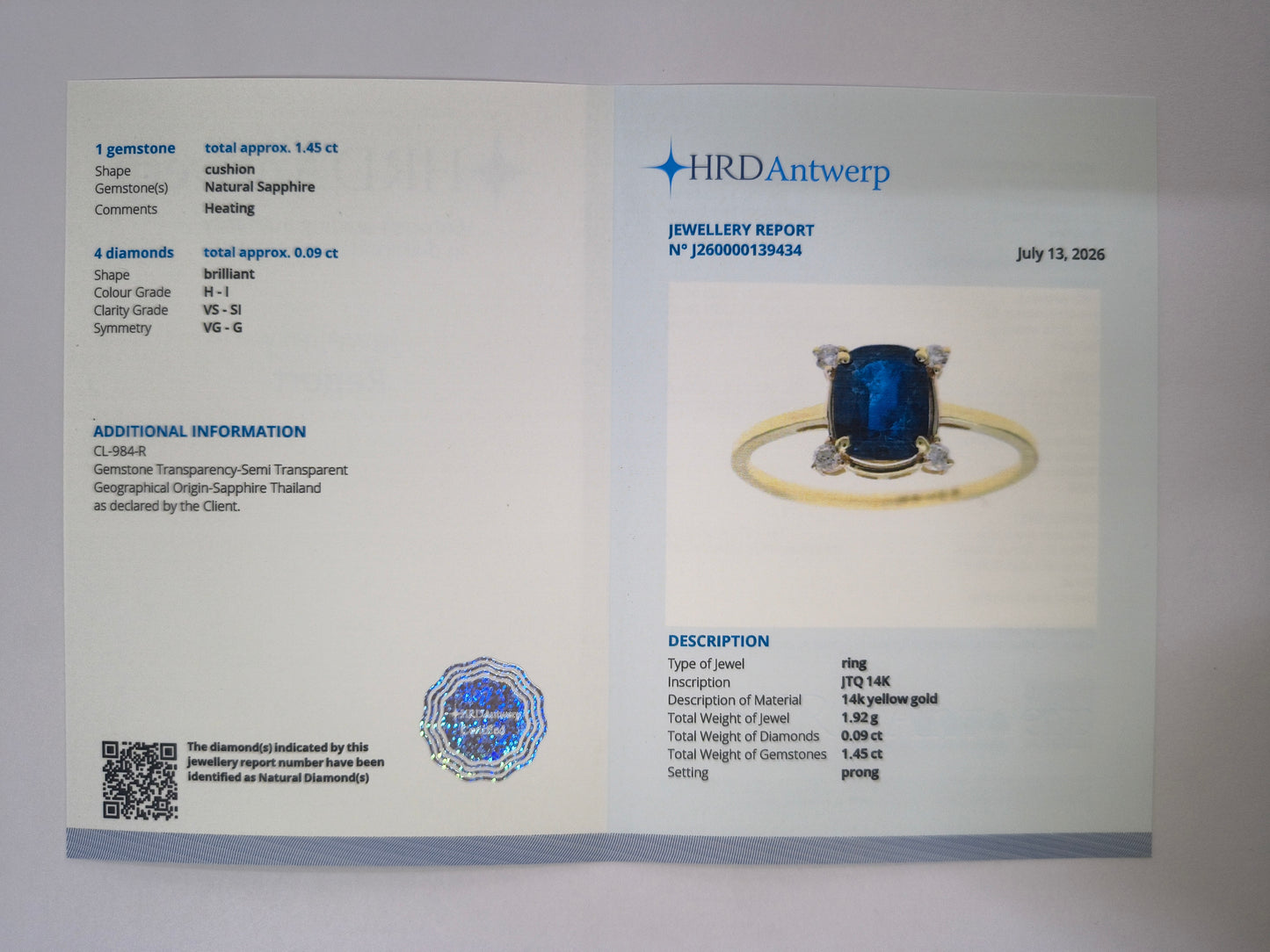 1.54 Ct Cushion Natural Sapphire 14K Gold Ring