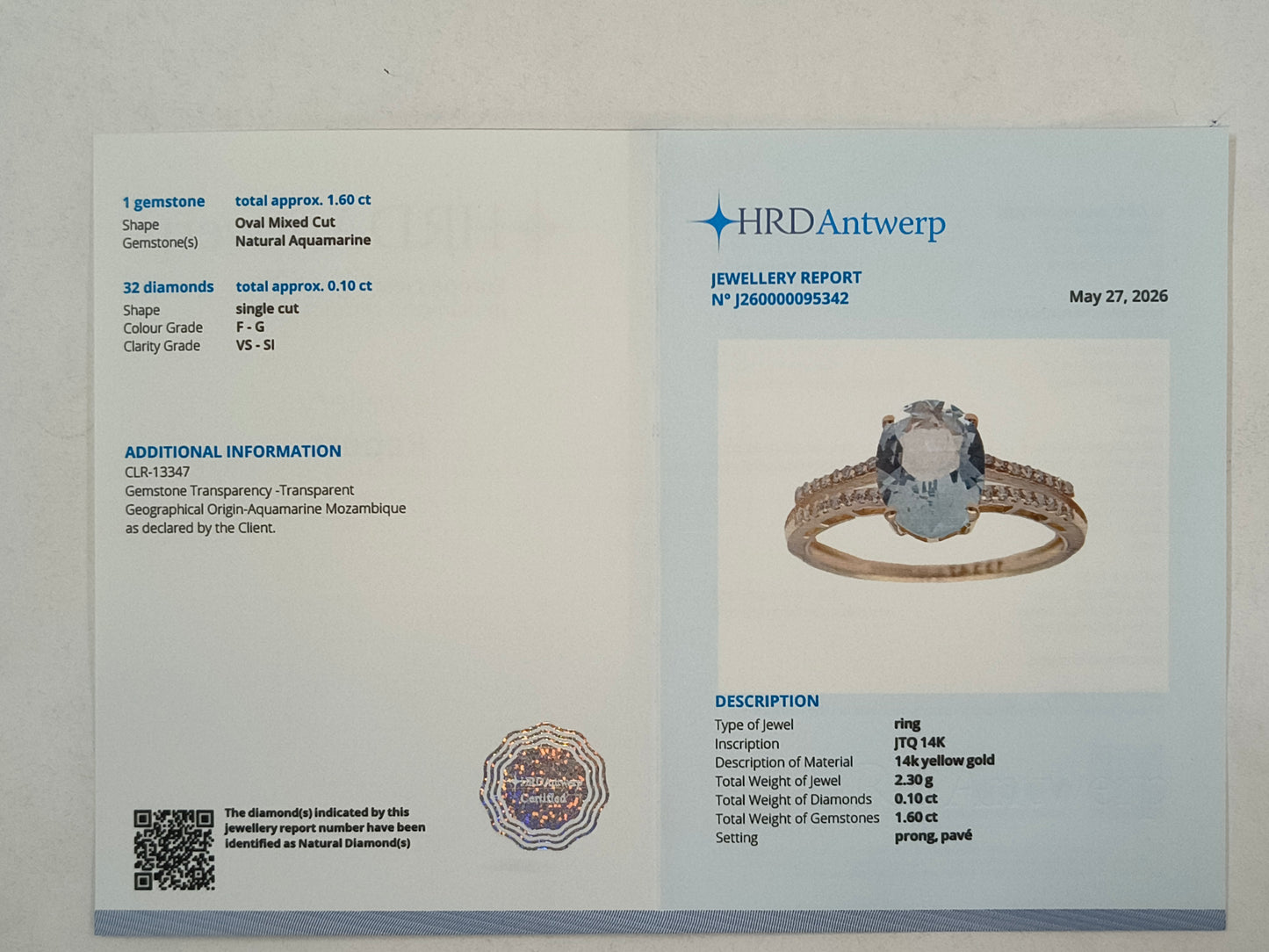 1.70 Ct Oval Mixed Cut Natural Aquamarine 14K Gold Ring