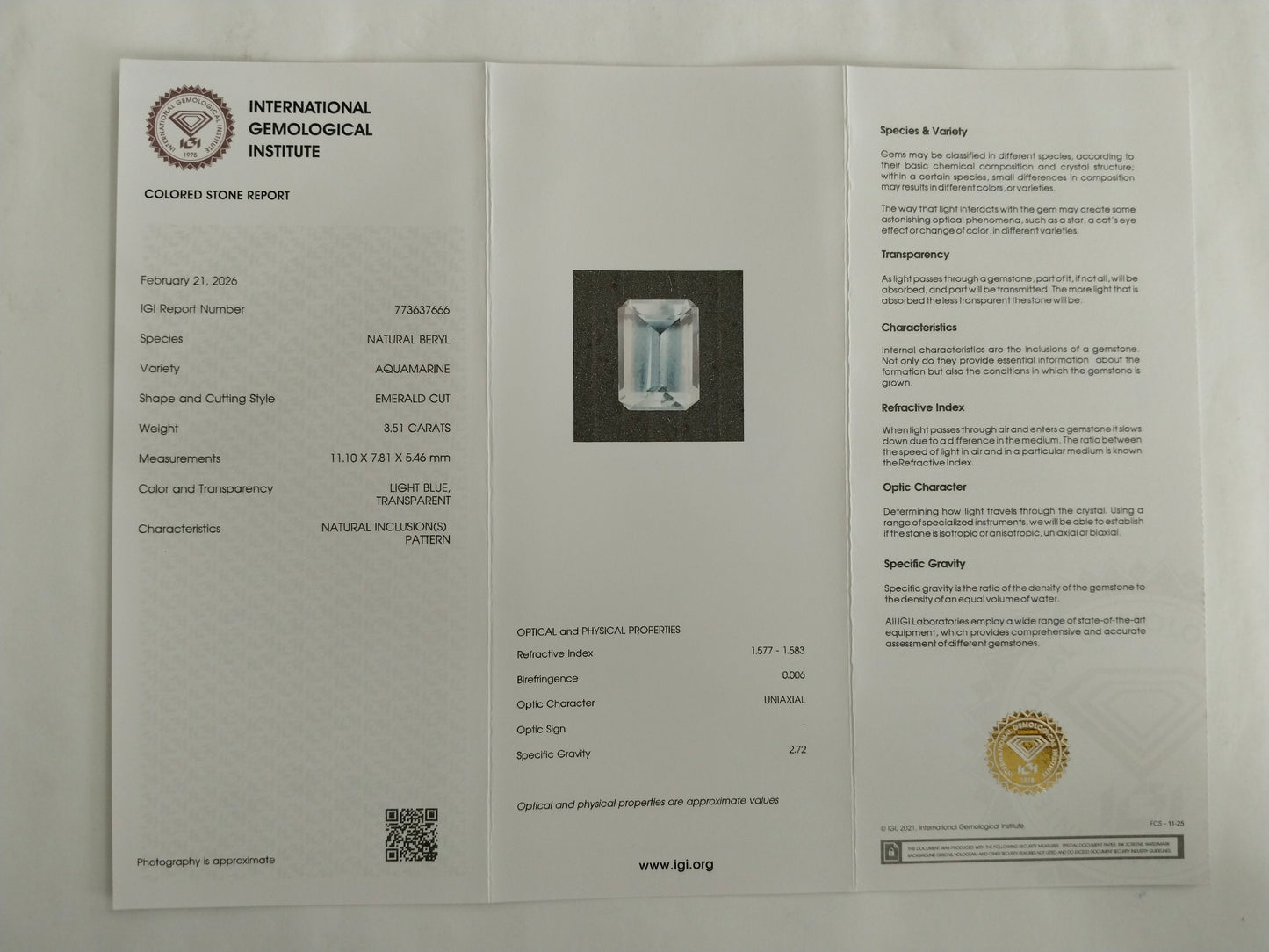 3.51 Natural Beryl Aquamarine Emerald Cut Gemstone