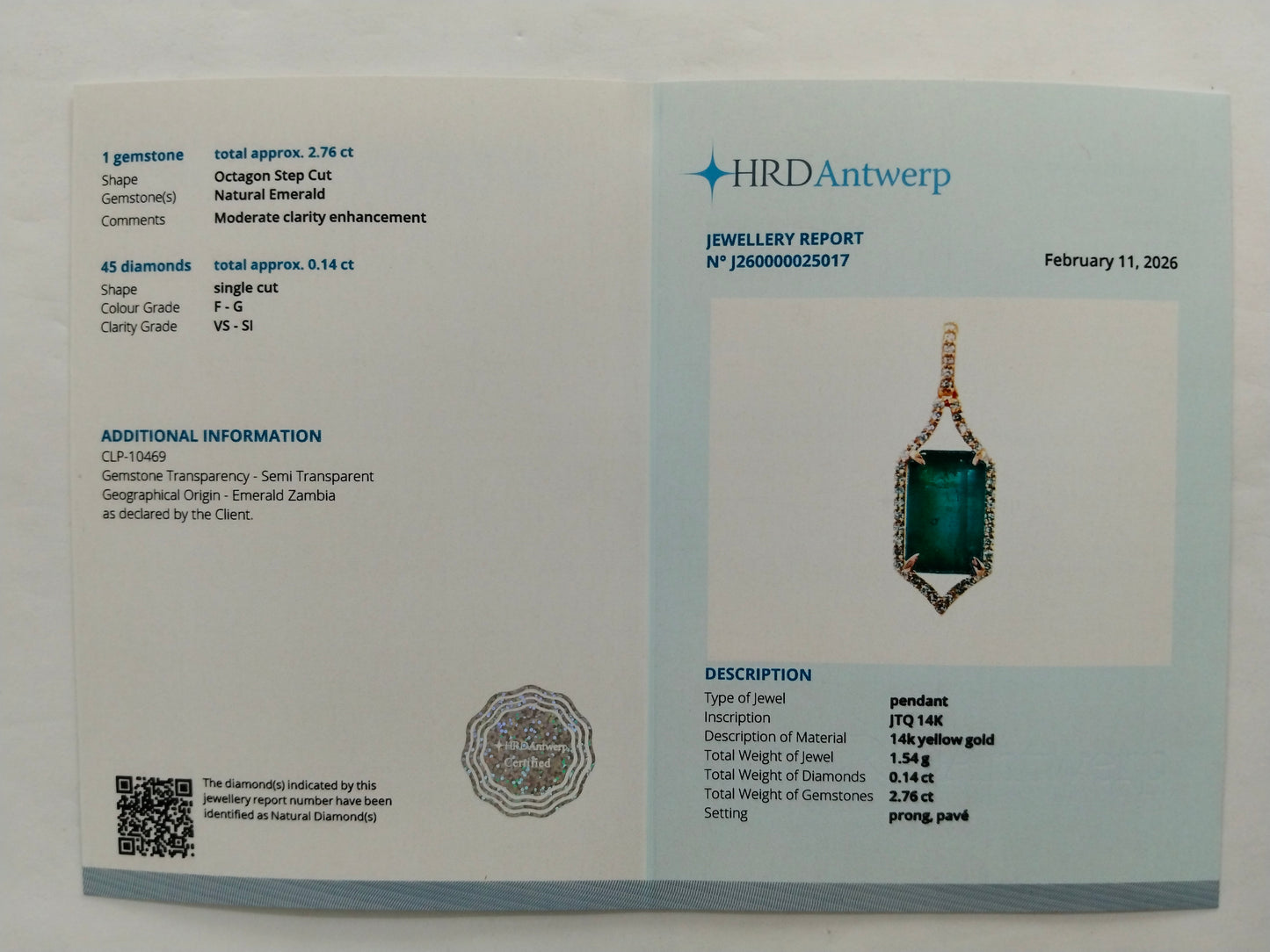 2.90 Ct Octagon Step Cut Natural Emerald 14K Gold Pendant