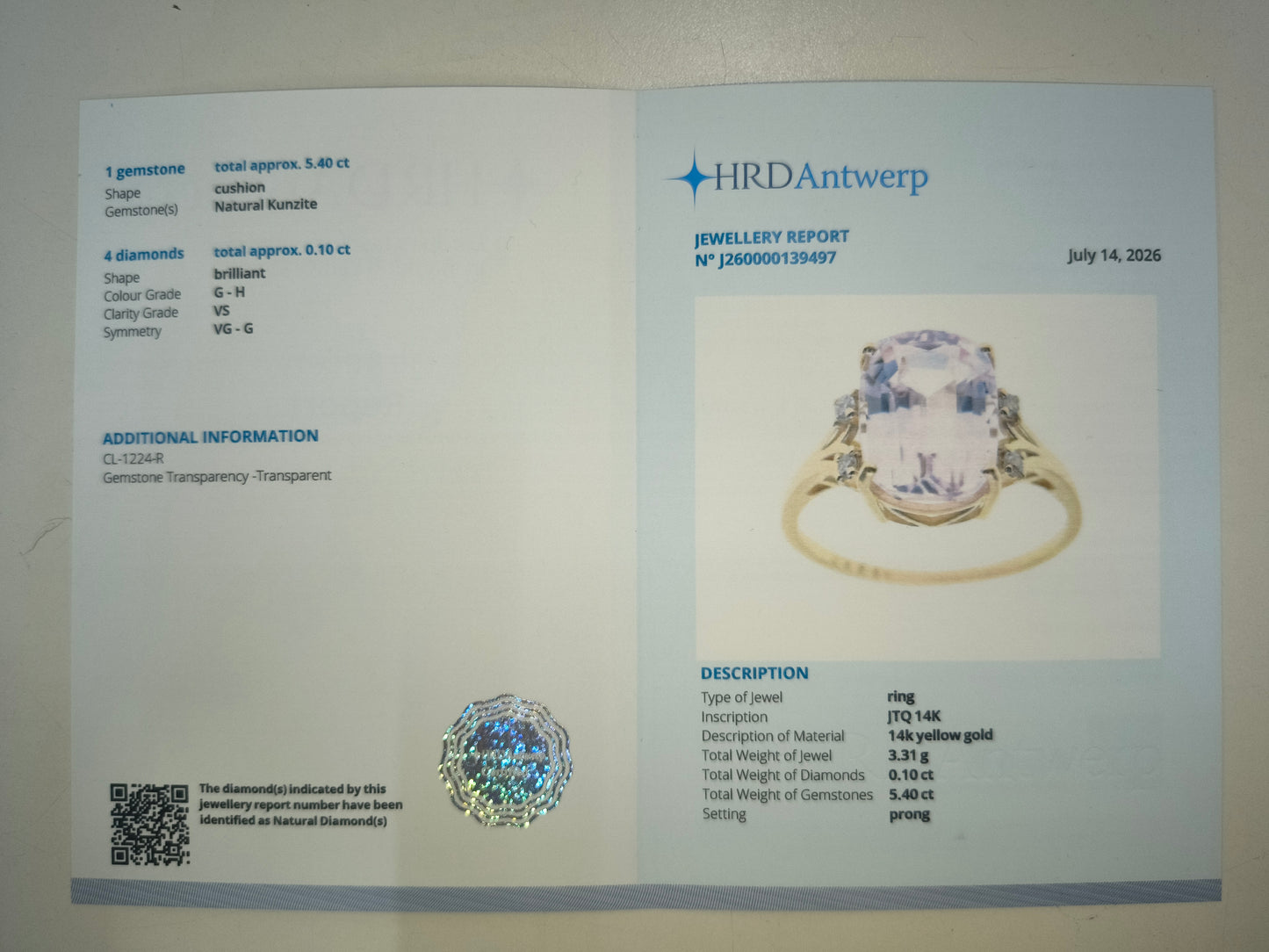 5.50 Ct Cushion Natural Kunzite 14K Gold Ring