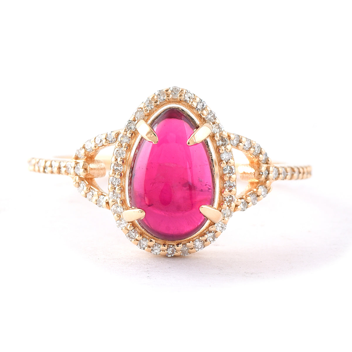2.35 Ct Pear Cabochon Natural Rubellite 14K Gold Ring