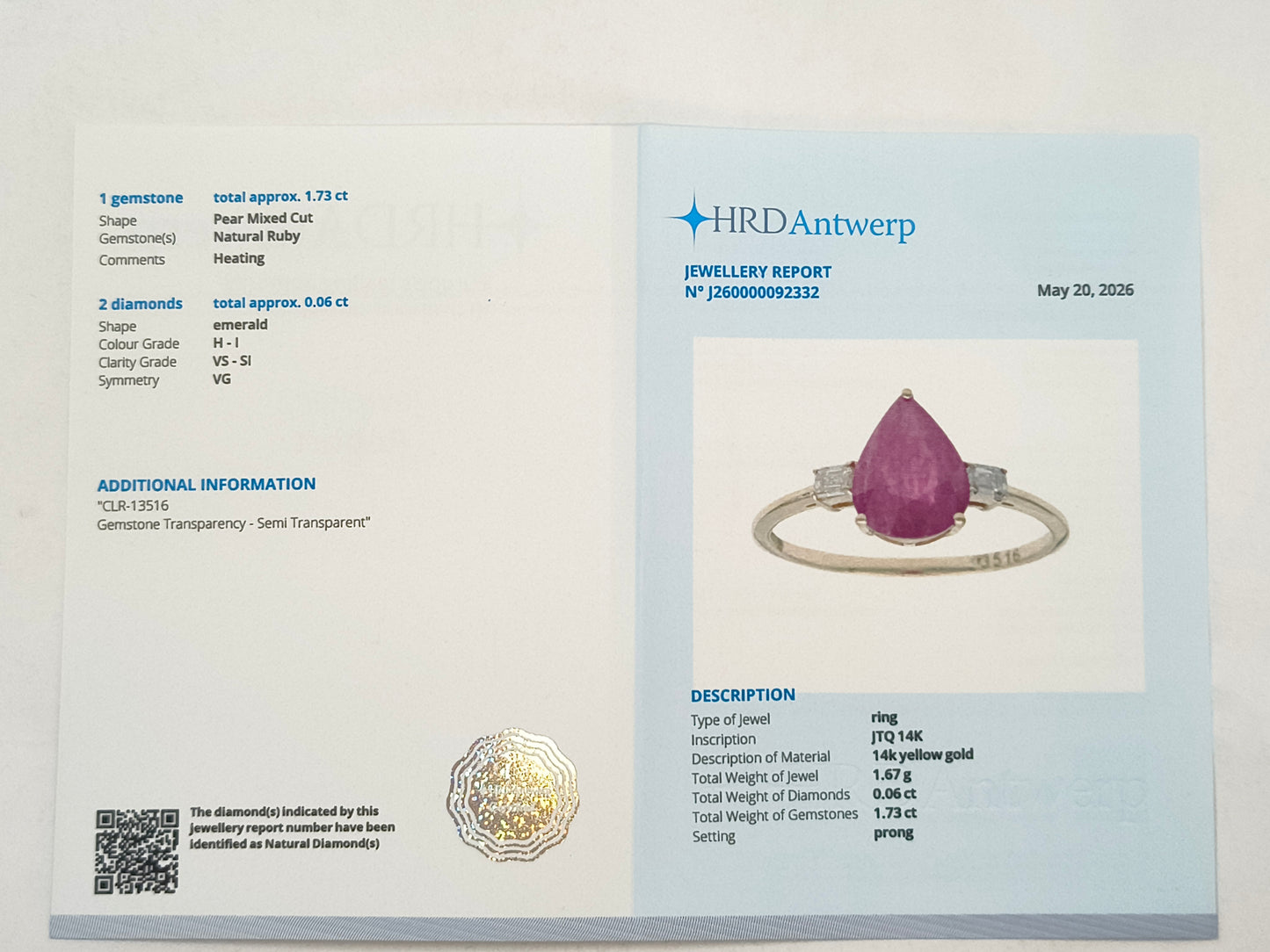 1.87 Ct Pear Ruby 14K Gold Ring