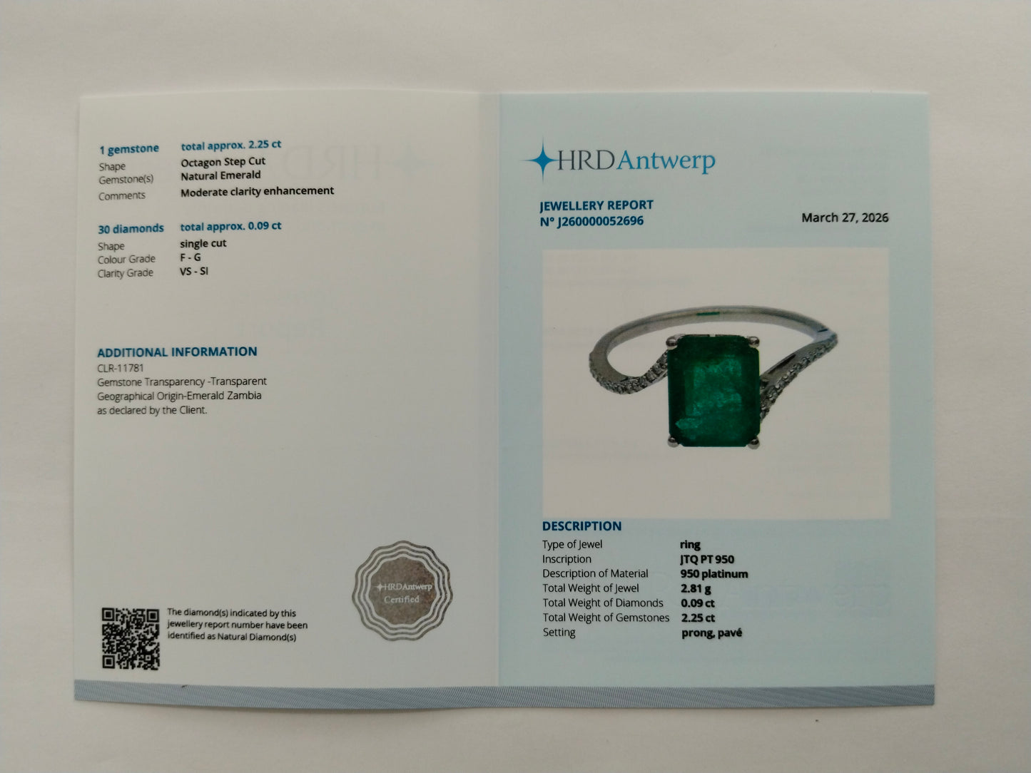 2.34 Ct Octagon Step Cut Natural Emerald 950 Platinum Ring