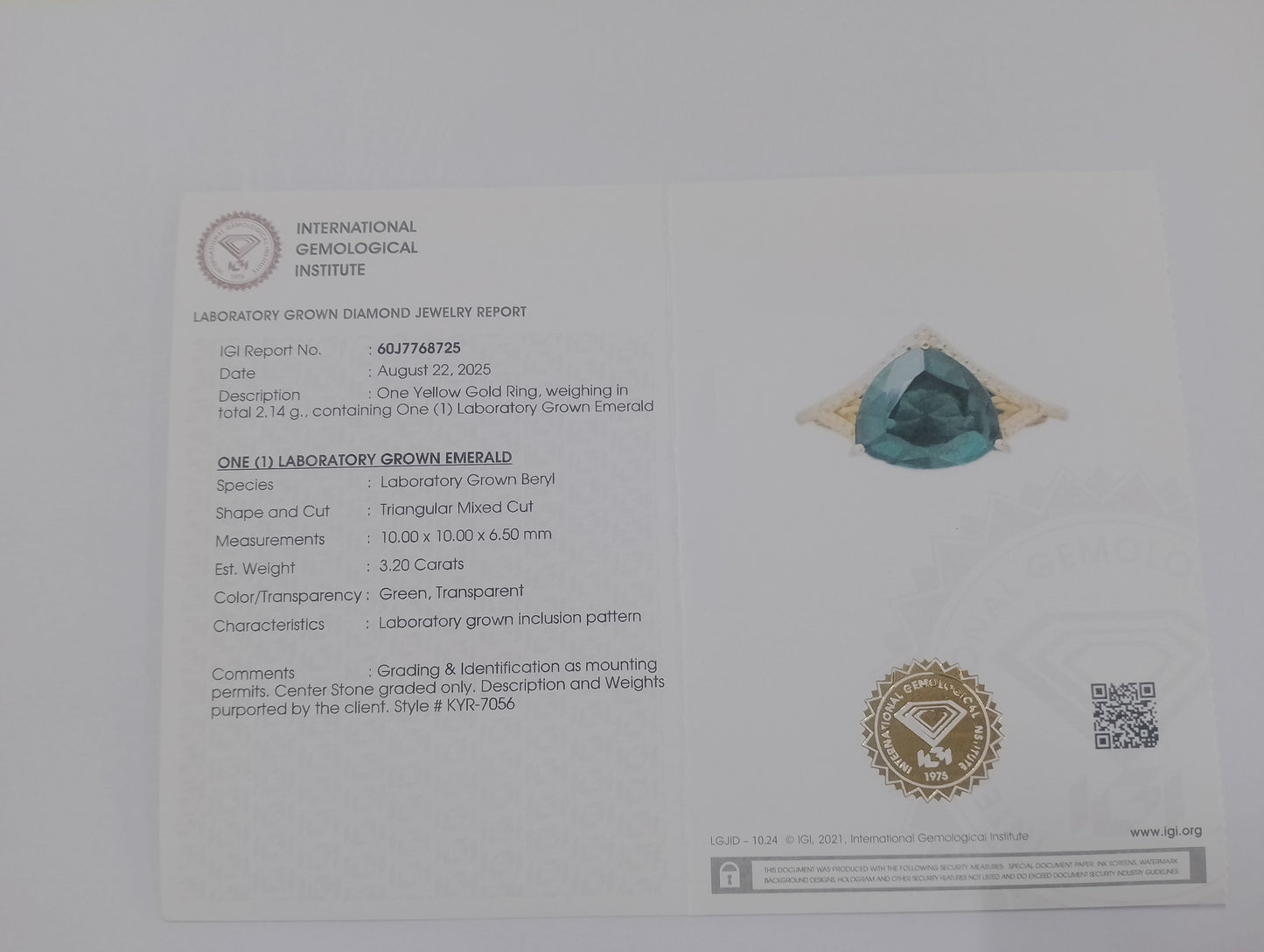 3.35 Ct Triangular Mixed Cut Lab Grown Emerald 14K Gold Ring