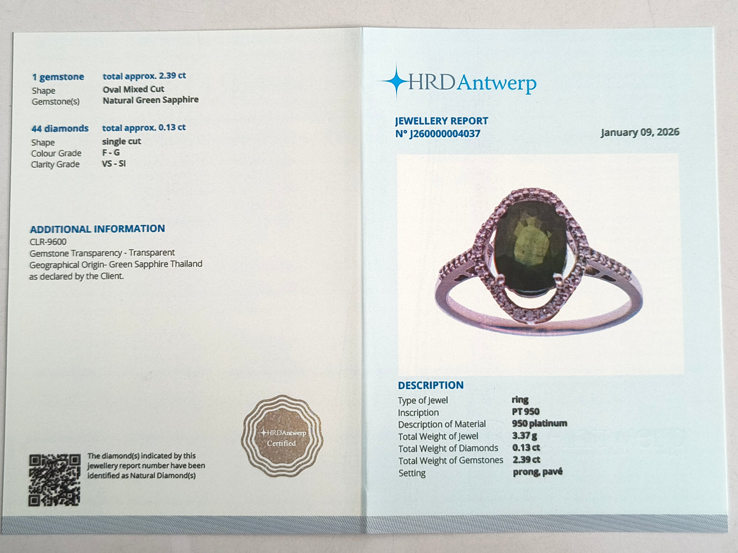 2.52 Ct Oval Mixed Cut Natural Green Sapphire 950 Platinum Ring
