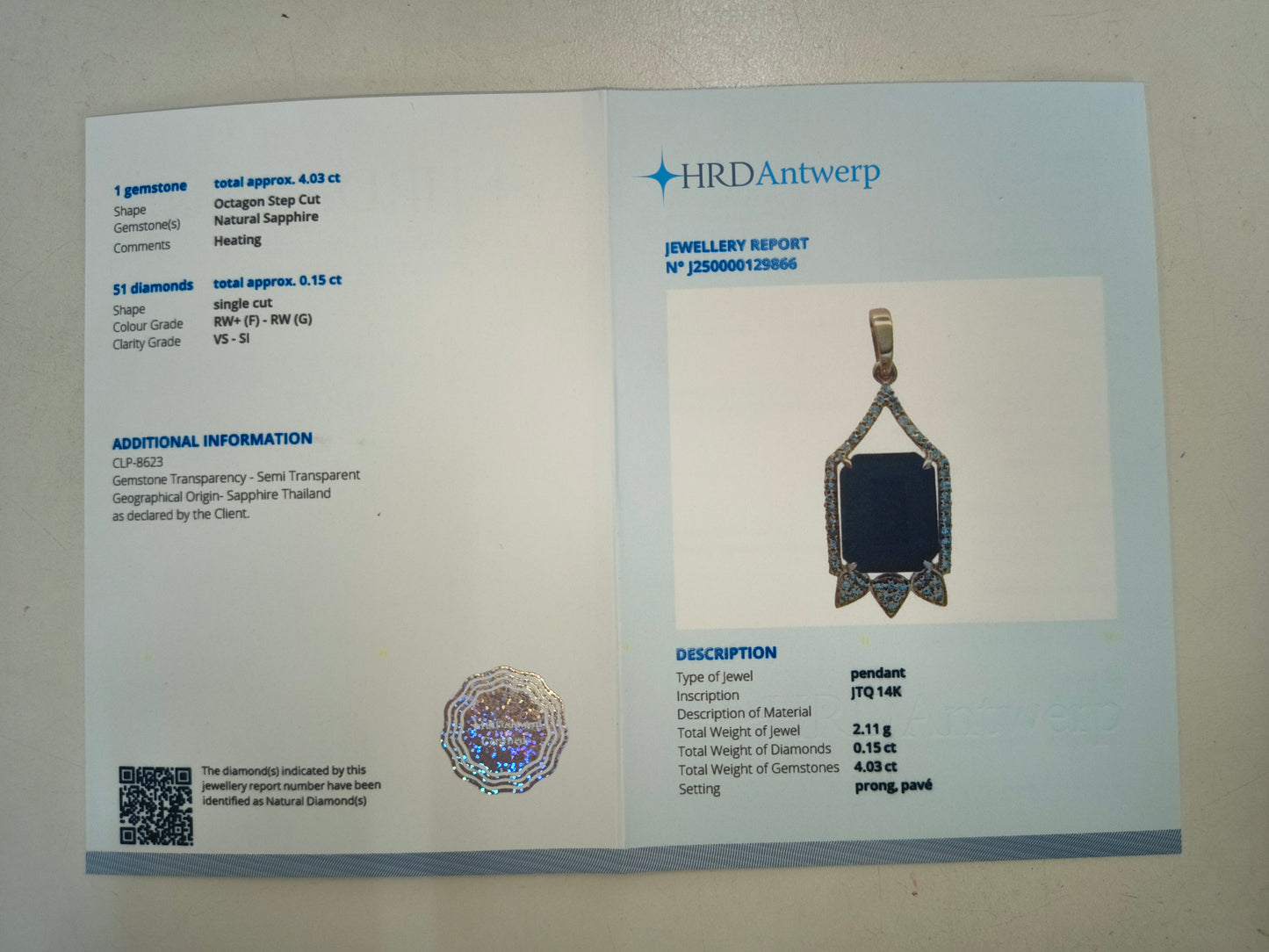 4.18 Ct Octagon Natural Sapphire 14K Gold Pendant