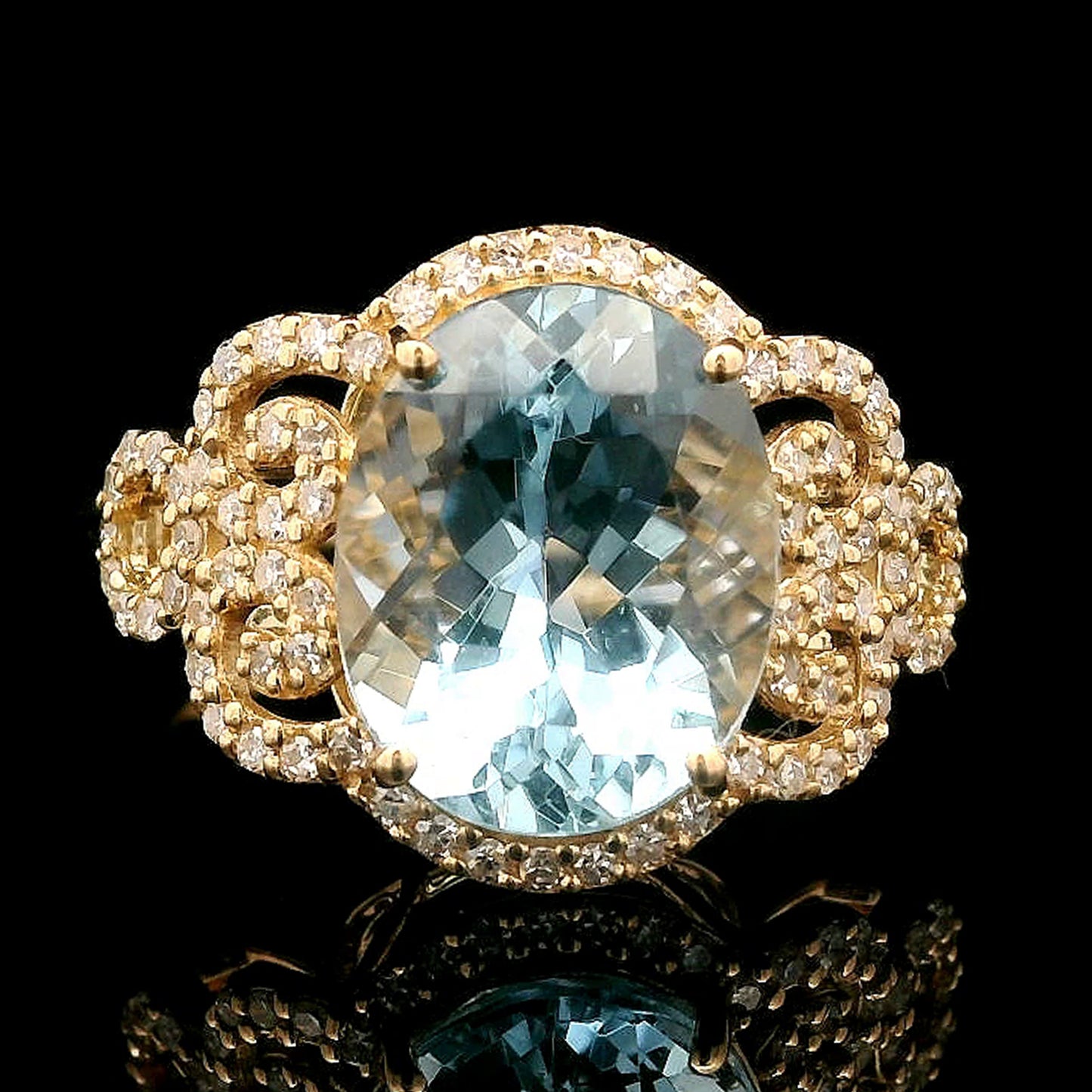 2.98 Ct Oval Mixed Cut Natural Aquamarine 14K Gold Ring