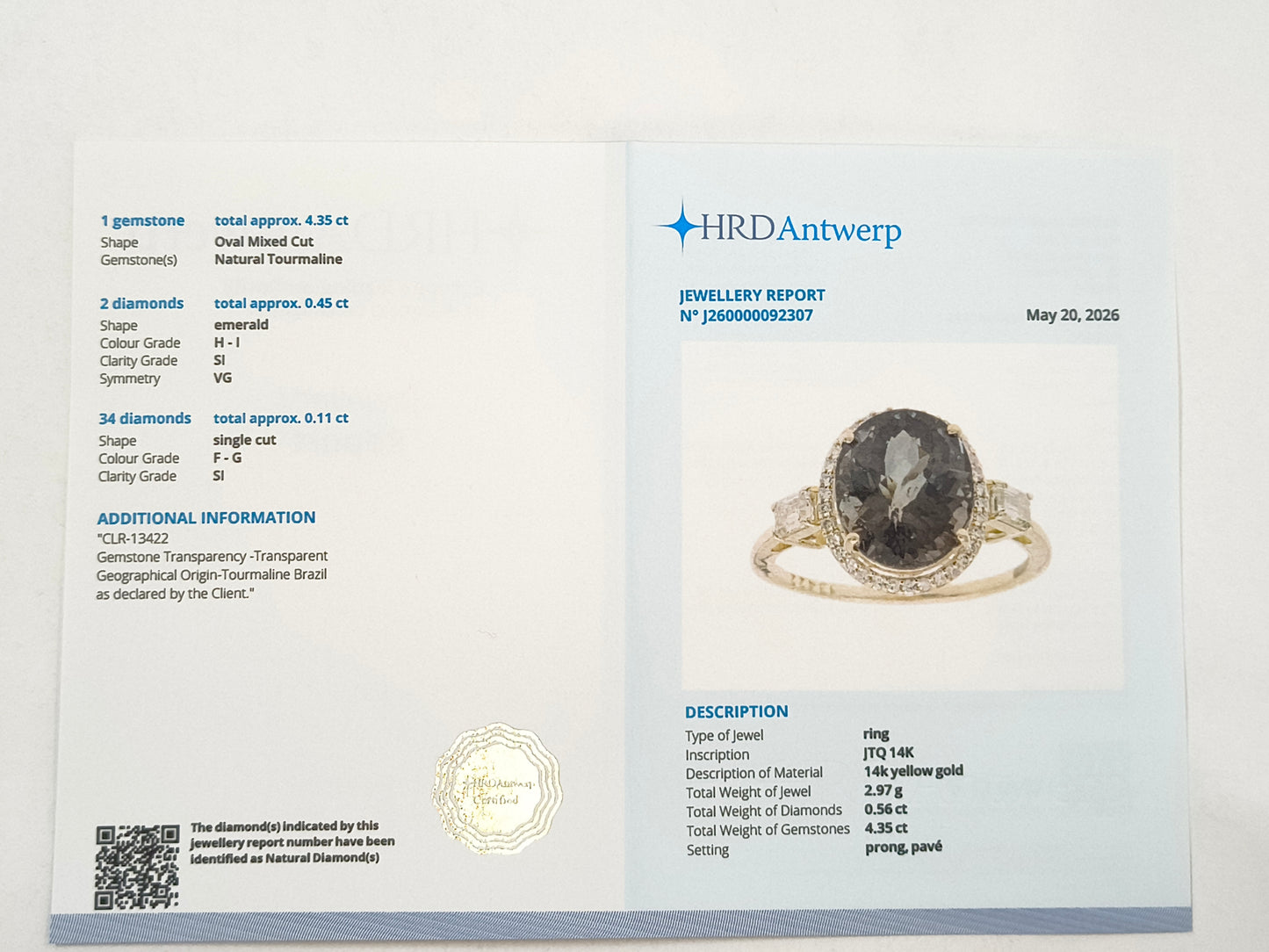 4.91 Ct Oval Tourmaline 14K Gold Ring