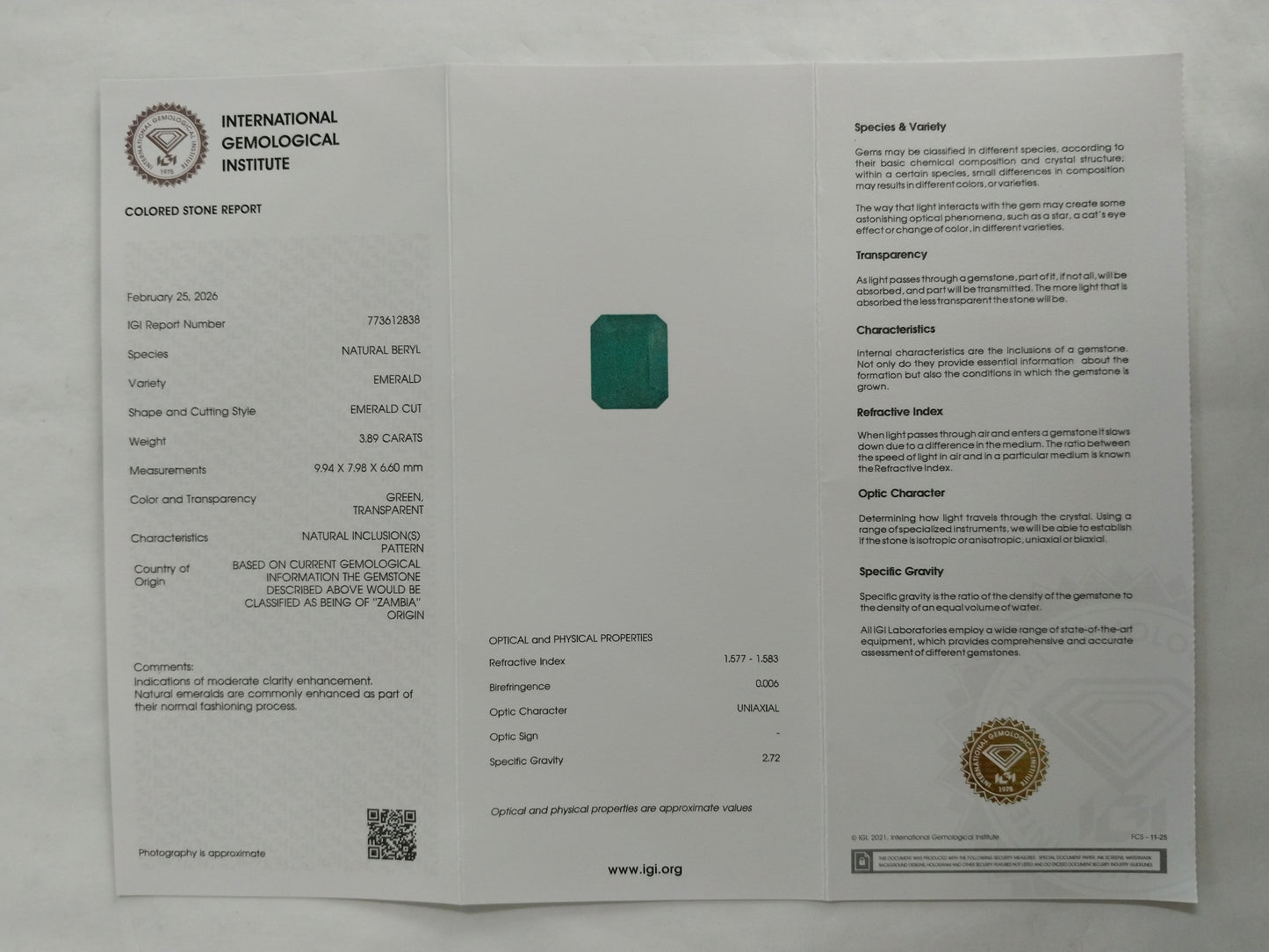 3.89 Natural Beryl Emerald Emerald Cut Gemstone