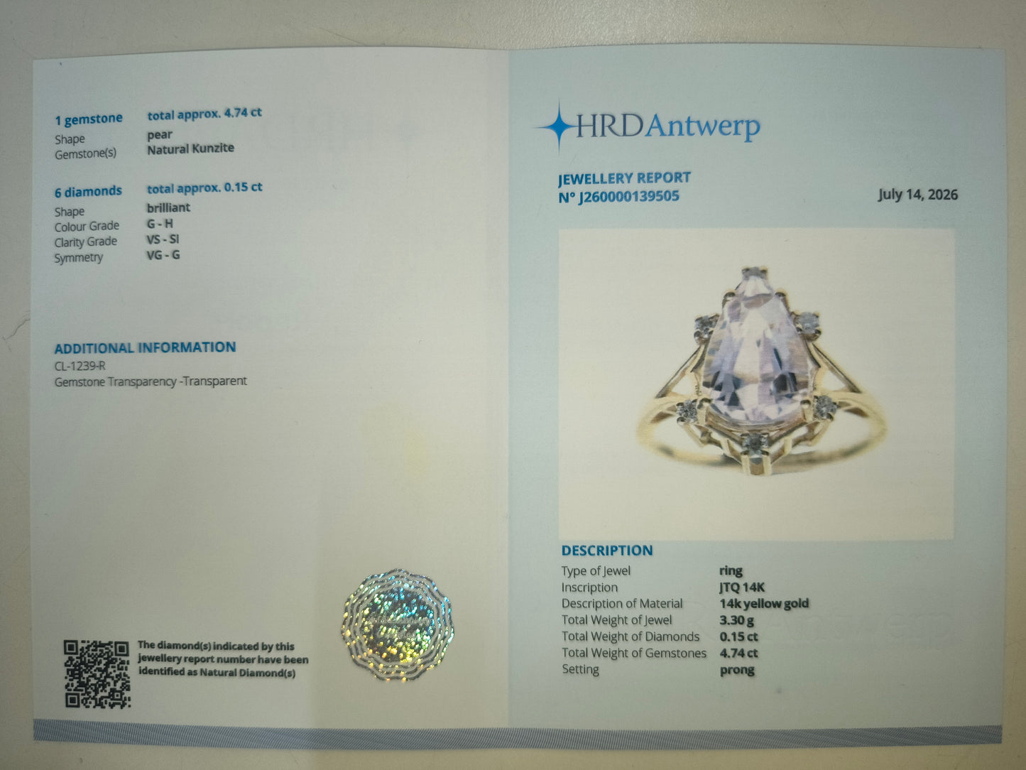 4.89 Ct Pear Natural Kunzite 14K Gold Ring