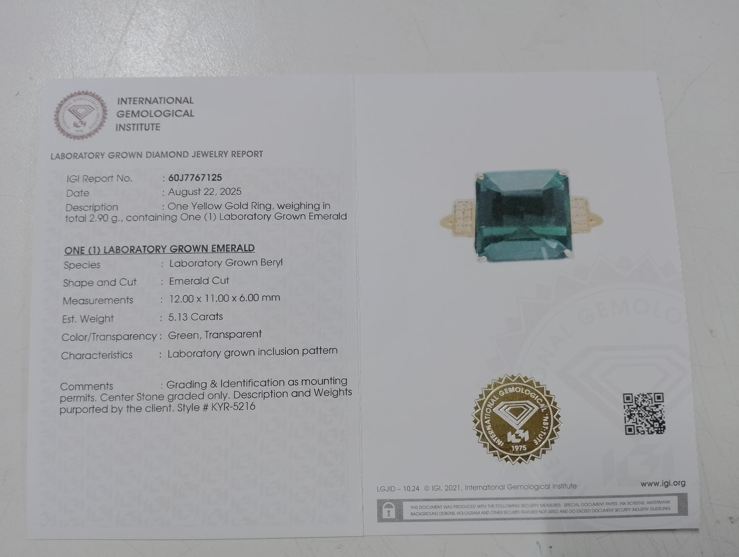 5.19 Ct Emerald Cut Lab Grown Emerald 14K Gold Ring