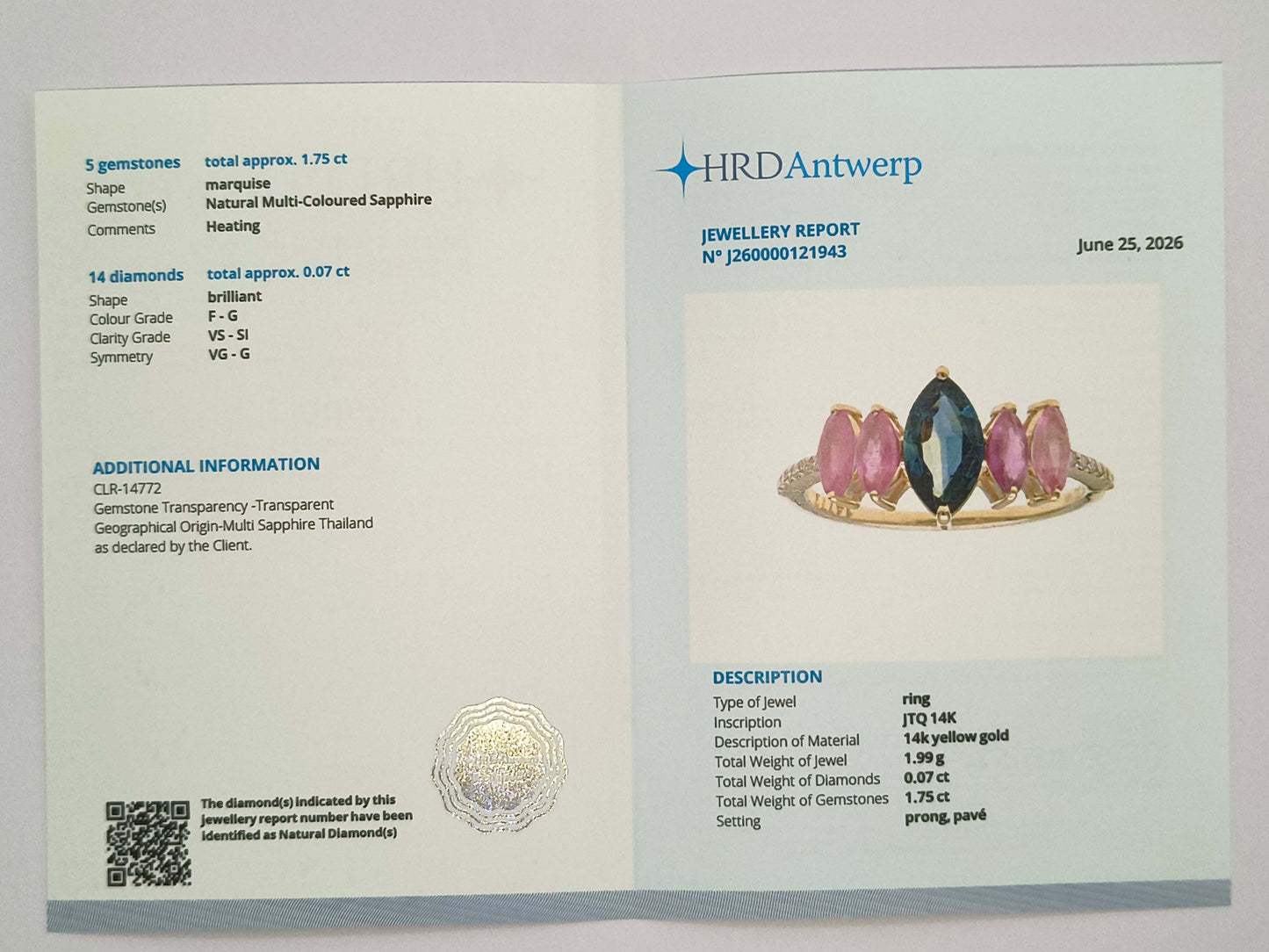 1.82 Ct Marquise Natural Multi-Coloured Sapphire 14K Gold Ring