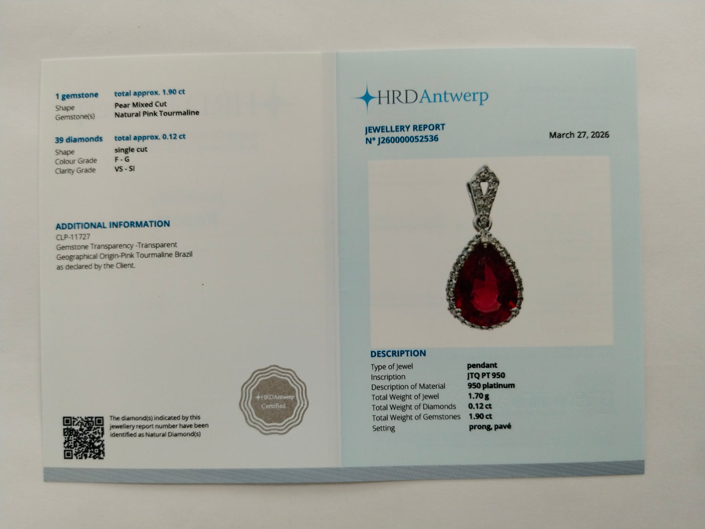 2.02 Ct Pear Mixed Cut Natural Pink Tourmaline 950 Platinum Pendant