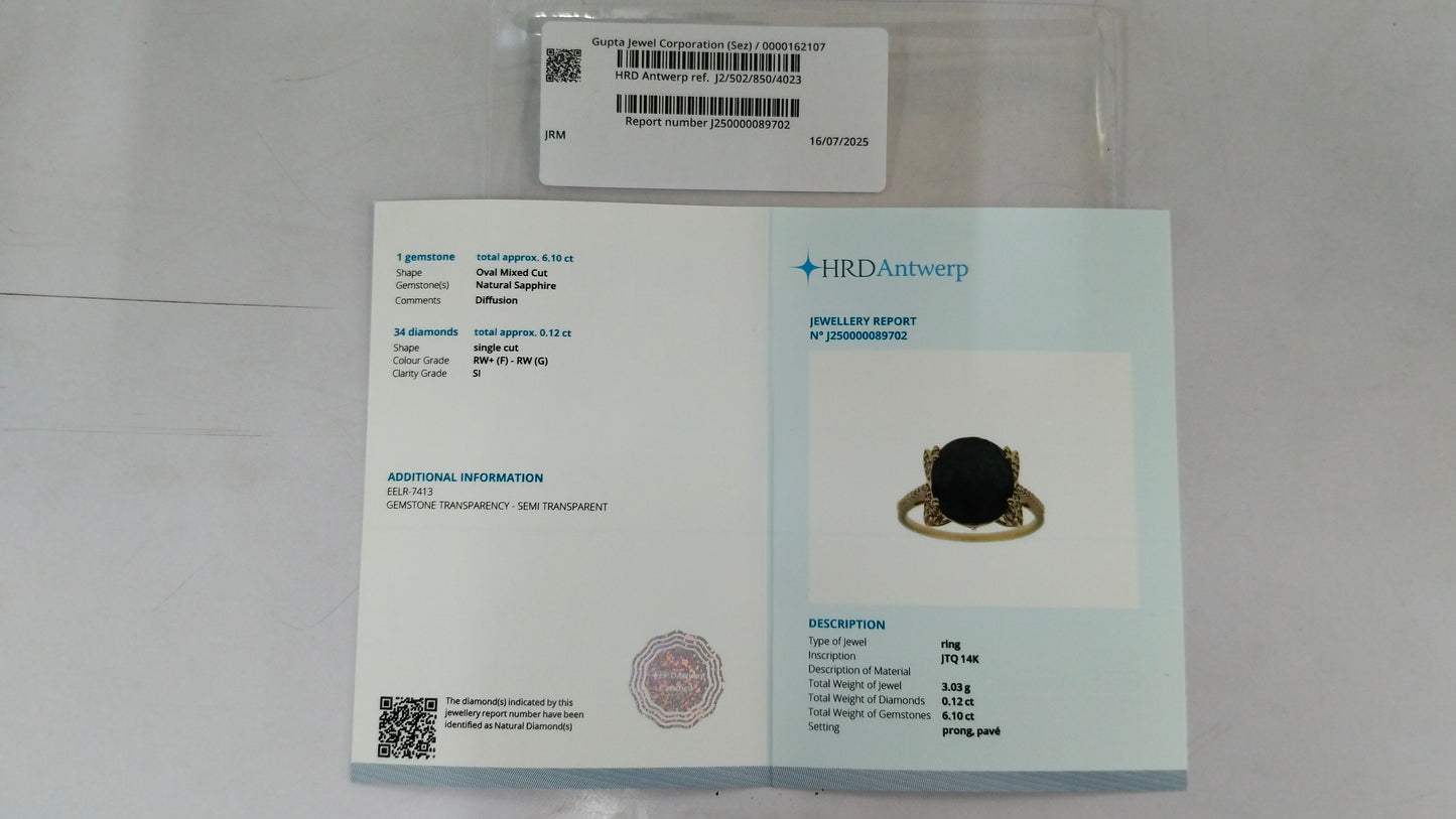 6.22 Ct Oval Mixed Cut Natural Sapphire 14K Gold Ring