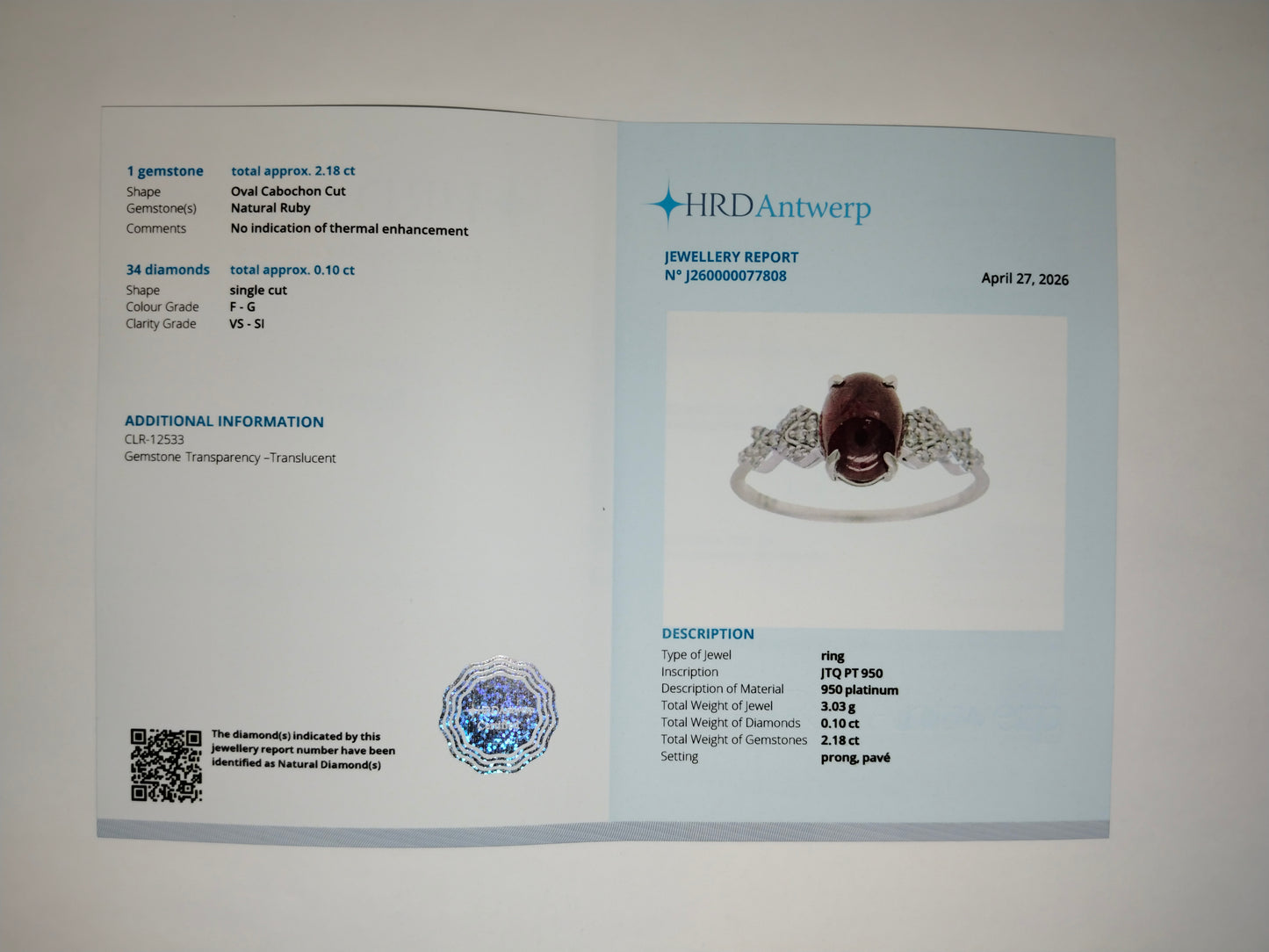 2.28 Ct Oval Cabochon Cut Natural Ruby 950 Platinum Ring