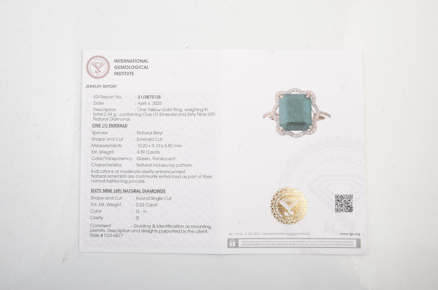 4.62 Ct Natural Beryl Emerald 14K Gold Ring