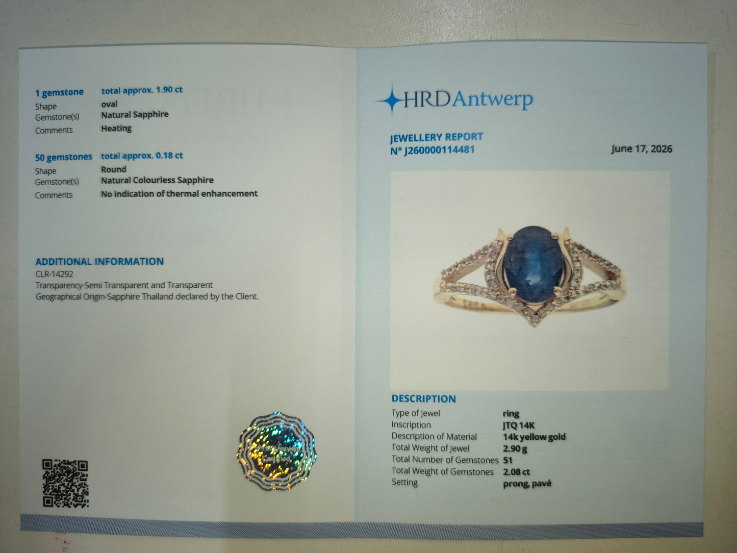 2.08 Ct Oval Natural Sapphire 14K Gold Ring