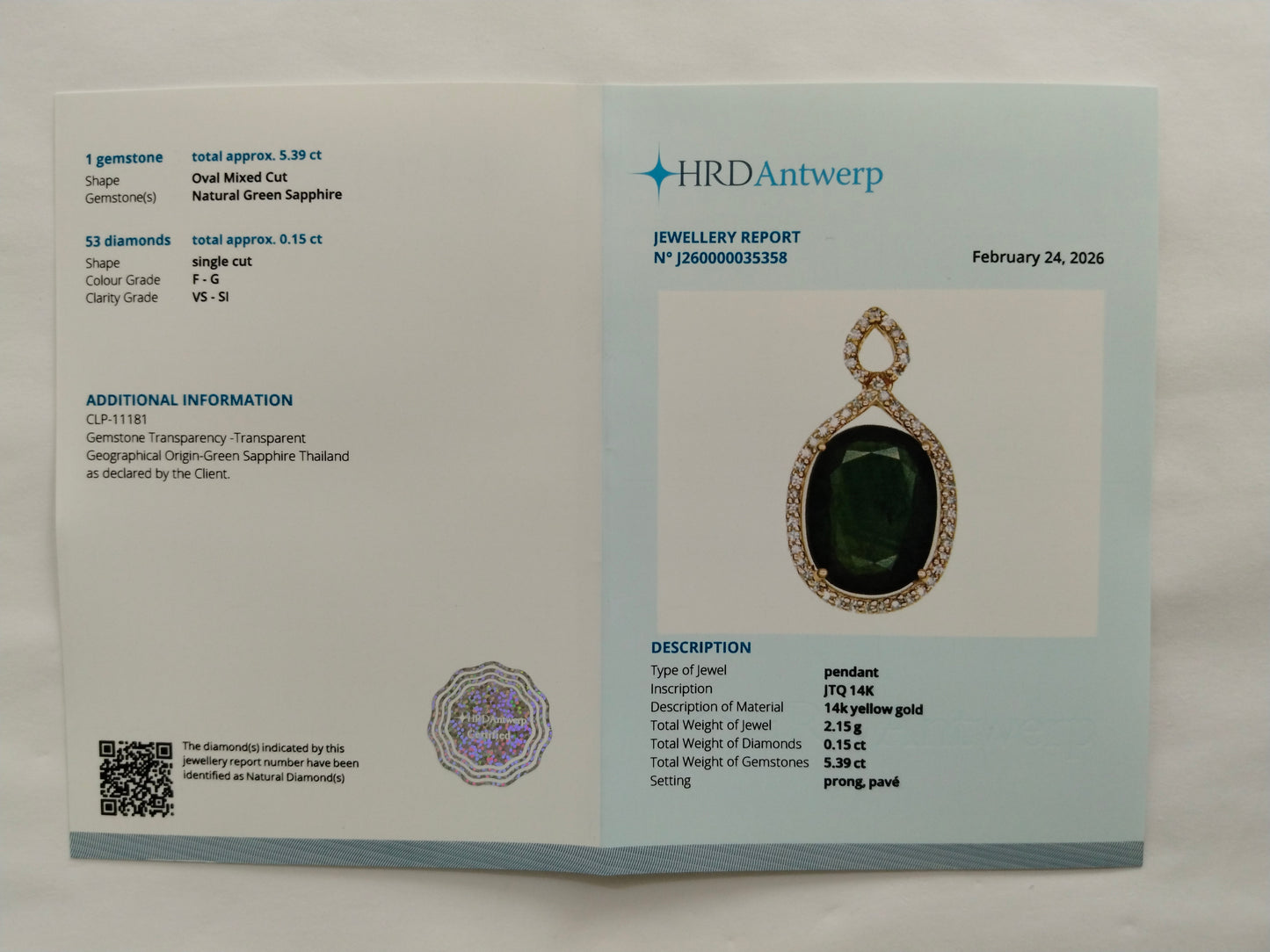 5.54 Ct Oval Mixed Cut Natural Green Sapphire 14K Gold Pendant