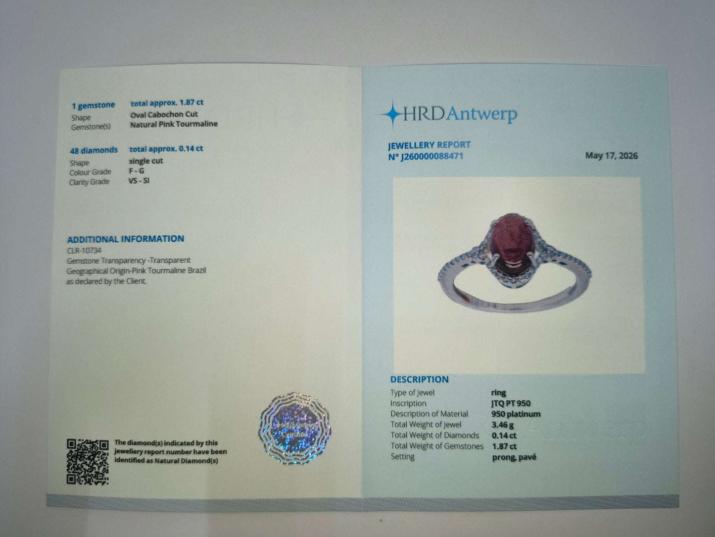 3.06 Ct Oval Cabochon Cut Natural Pink Tourmaline 950 Platinum Ring