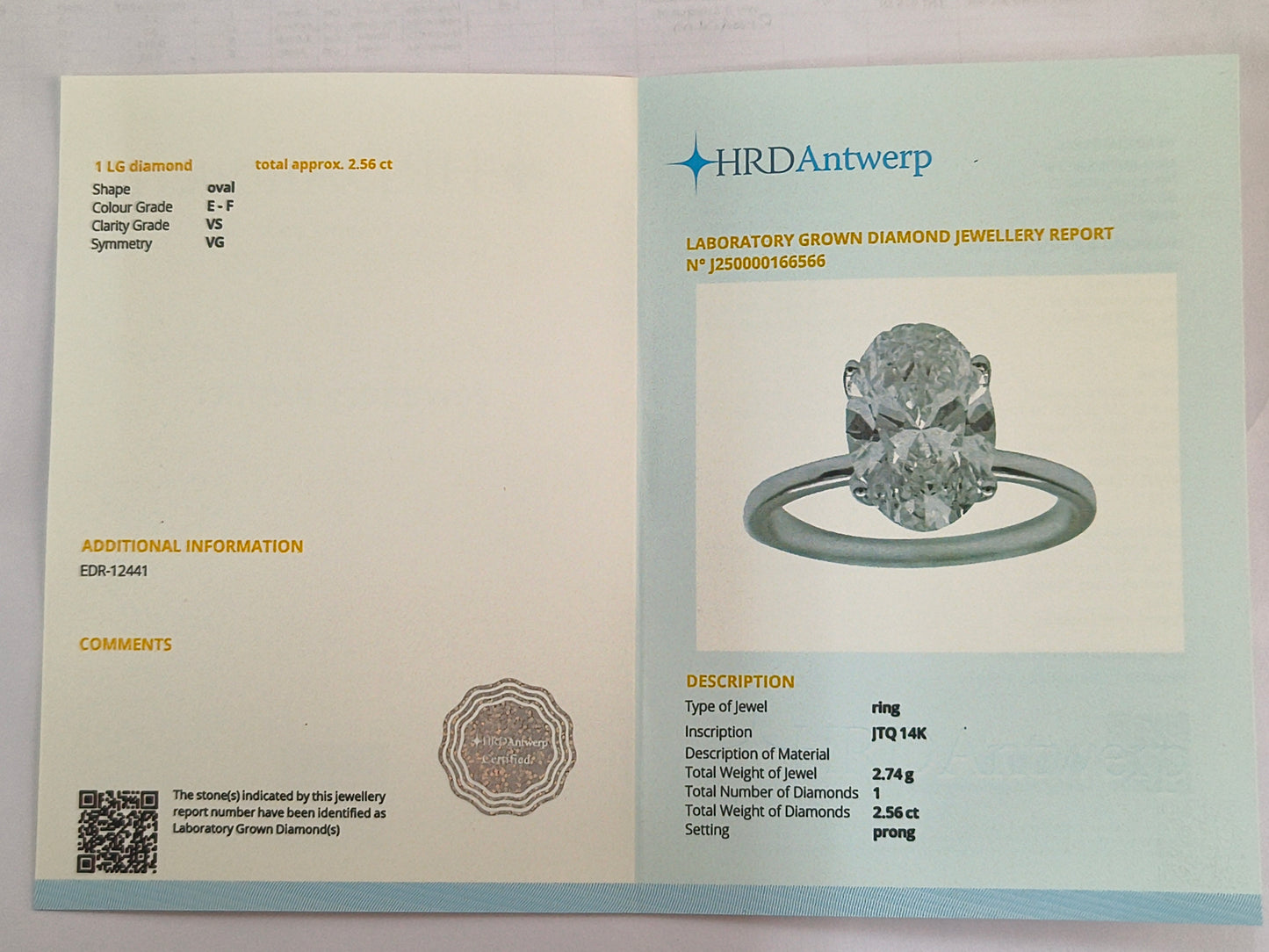 2.56 Carats Lab Grown Diamond 14K Gold Ring