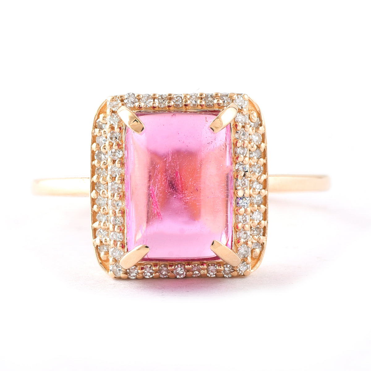 2.97 Ct Cushion Cabochon Cut Natural Pink Tourmaline 14K Gold Ring