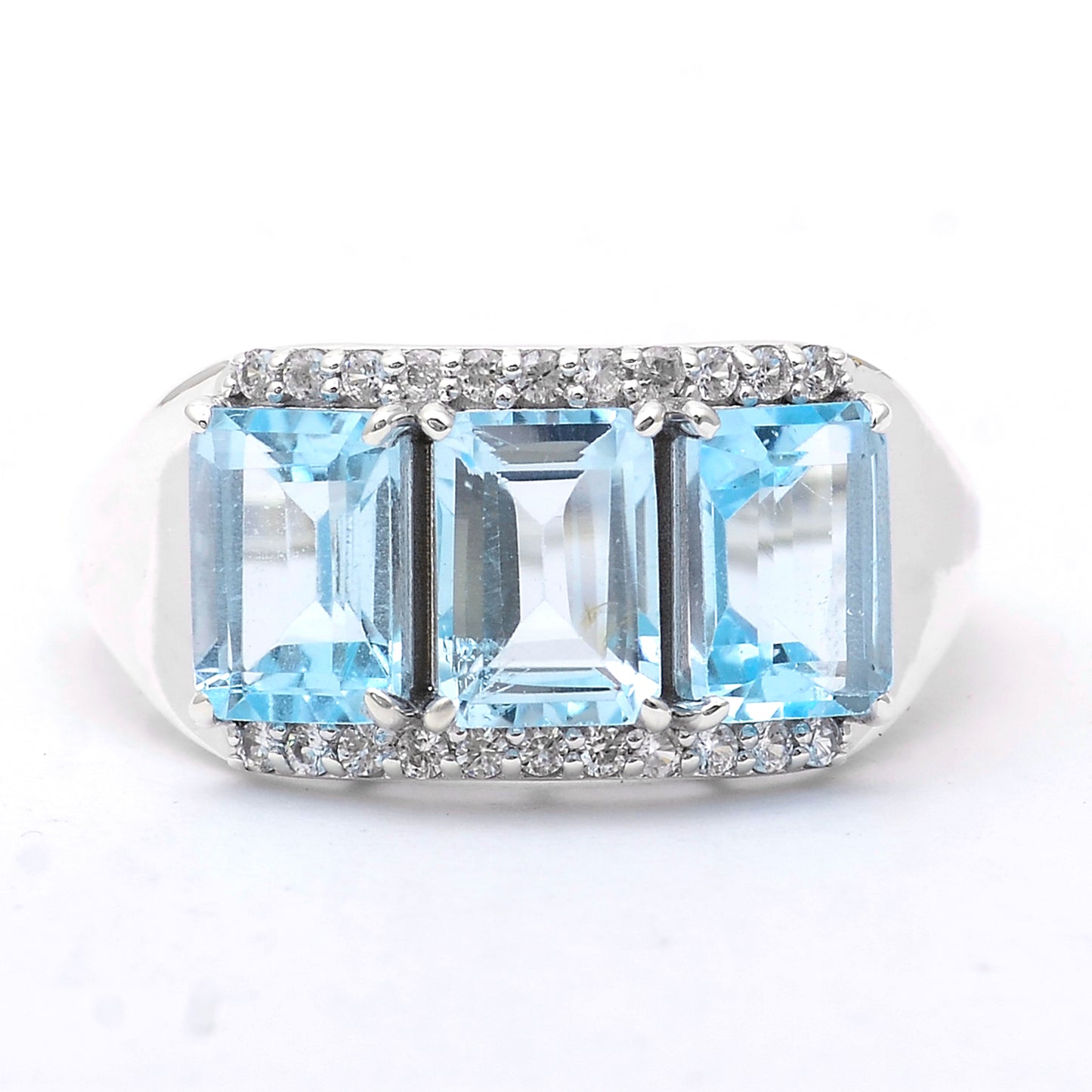 4.17 Ct Octagon Blue Topaz, White Zircon 925 Sterling Silver Ring