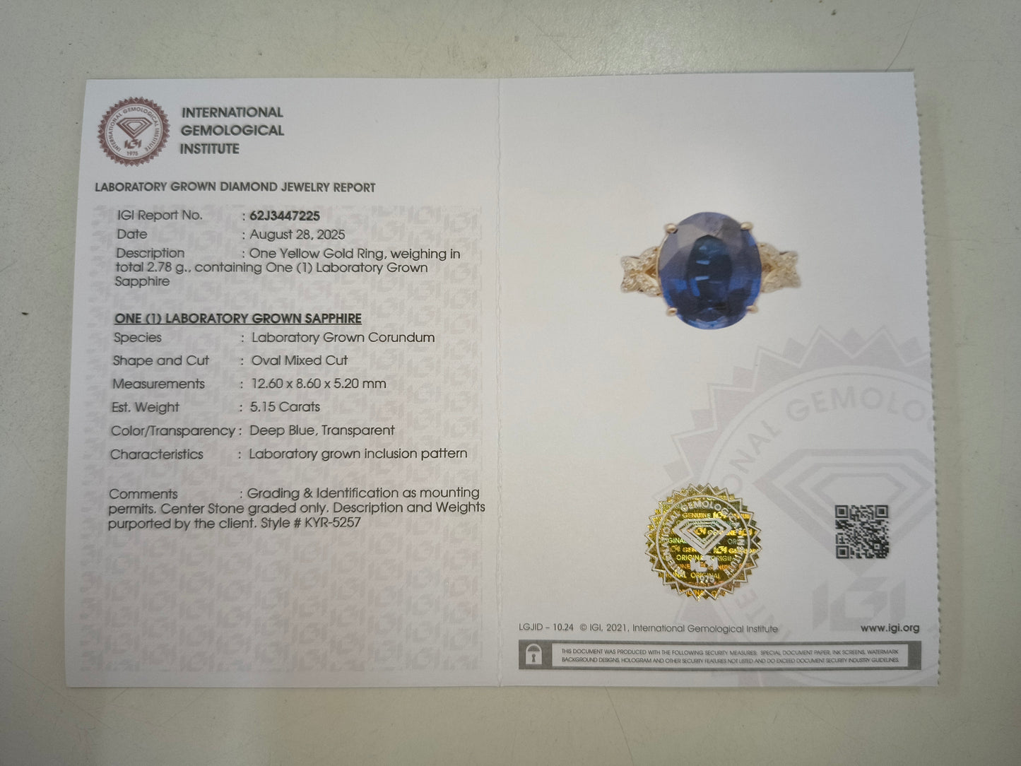5.21 Ct Oval Mixed Cut Lab Grown Sapphire 14K Gold Ring