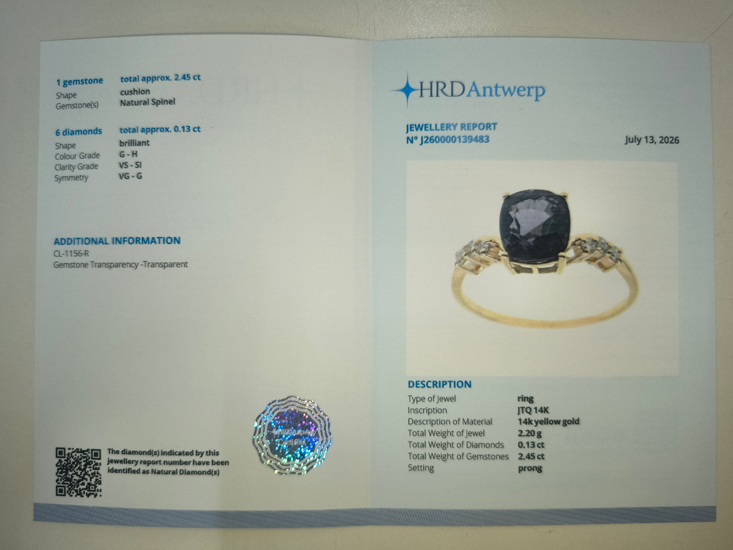2.58 Ct Cushion Natural Spinel 14K Gold Ring