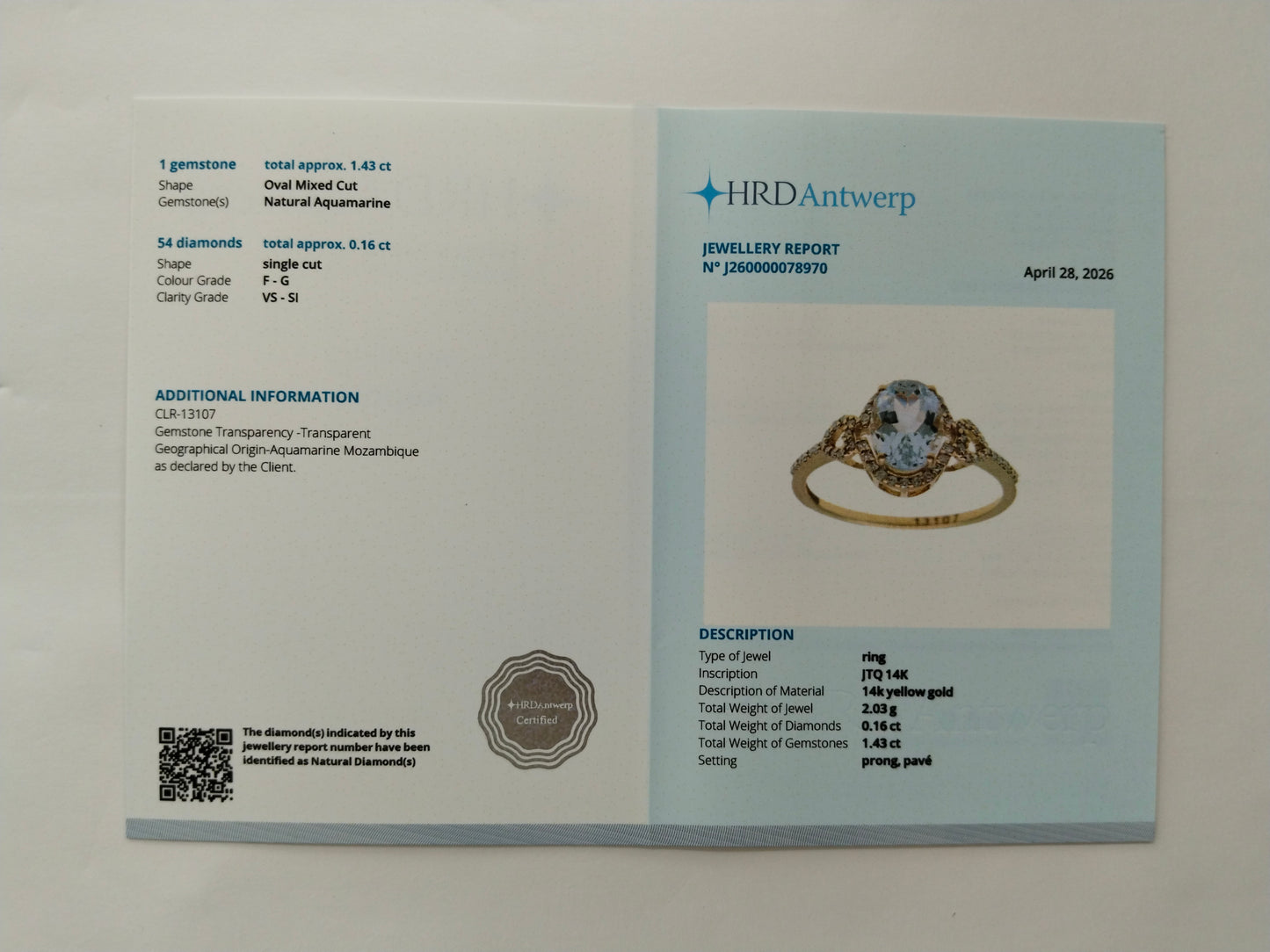 1.59 Ct Oval Mixed Cut Natural Aquamarine 14K Gold Ring