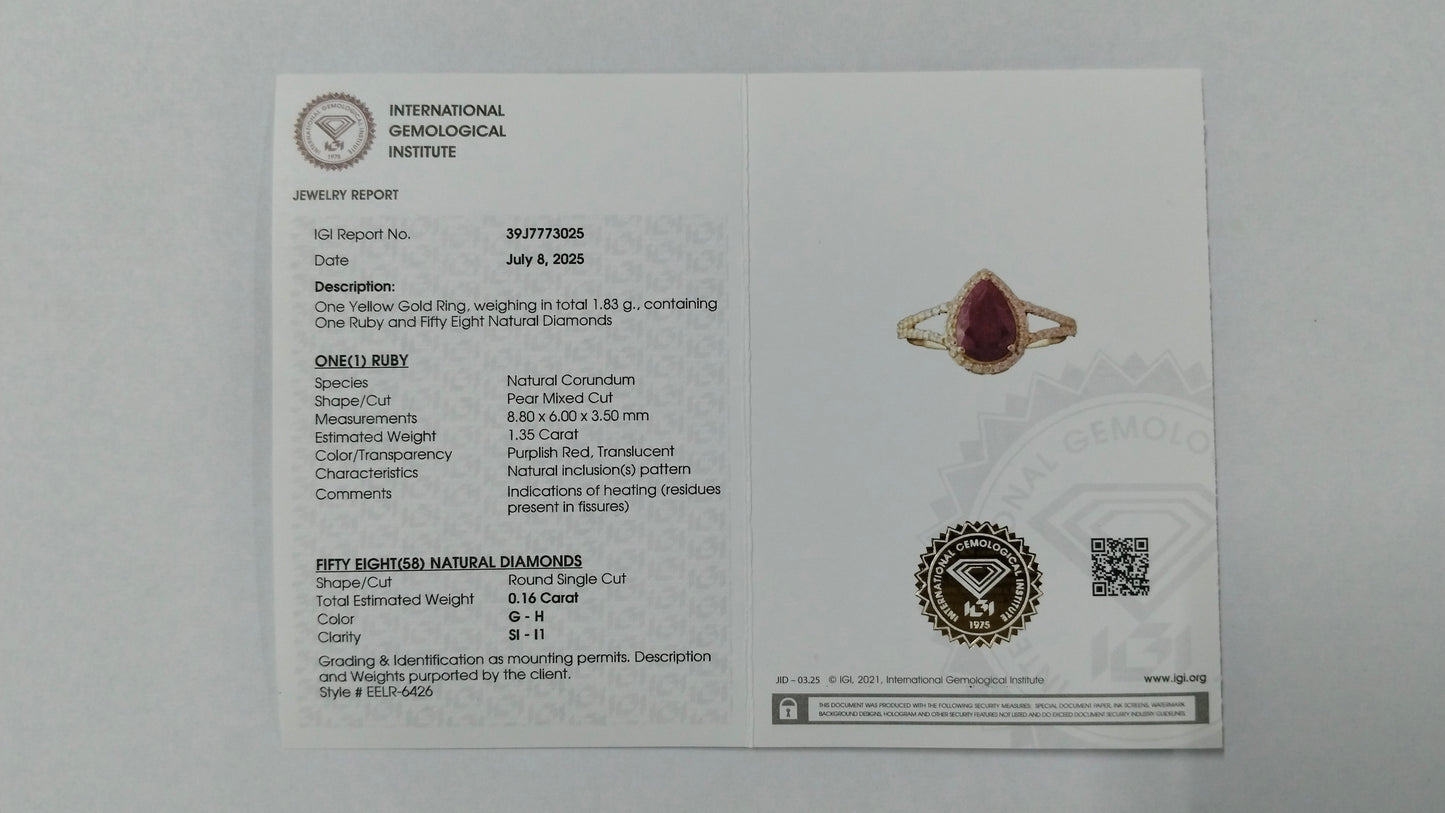 1.51 Ct Pear Mixed Cut Natural Corundum Ruby 14K Gold Ring