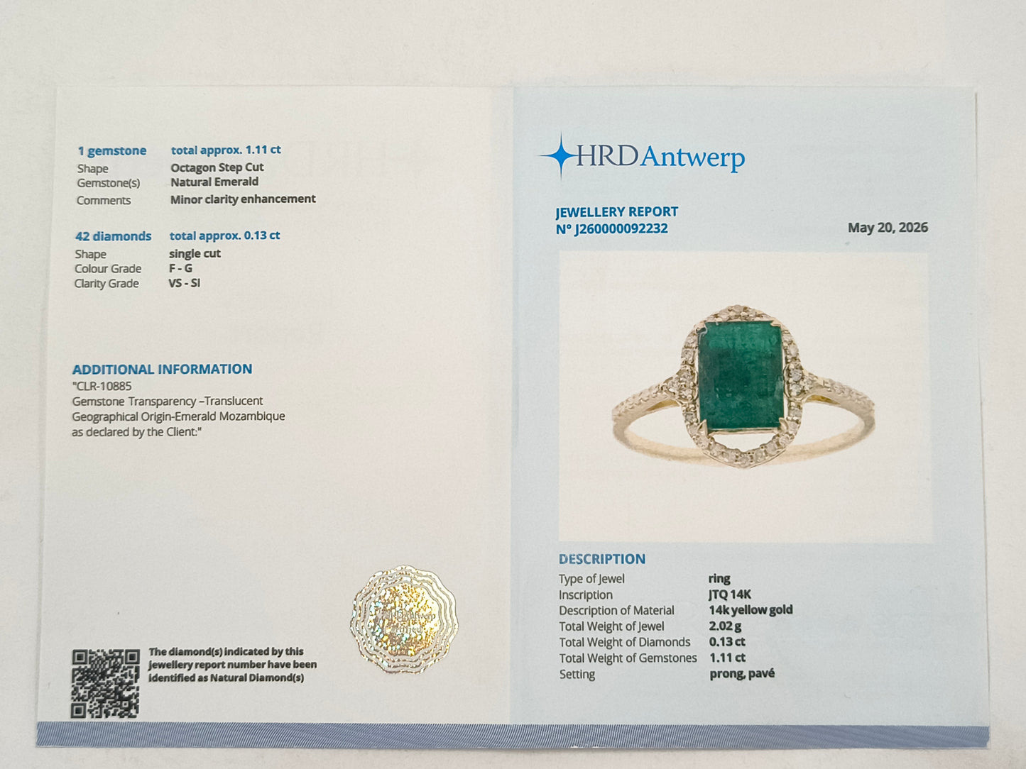 1.24 Ct Octagon Emerald 14K Gold Ring