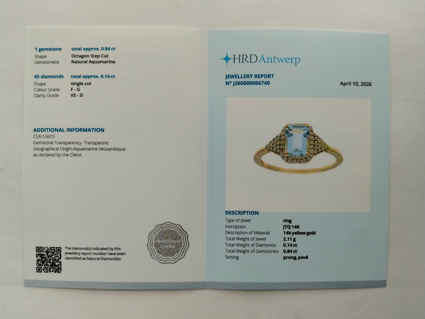 0.98 Ct Octagon Step Cut Natural Aquamarine 14K Gold Ring