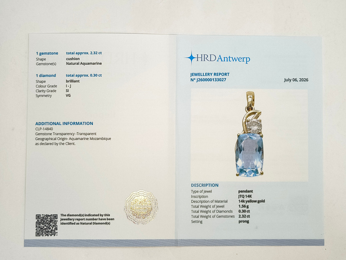 2.62 Ct Cushion Natural Aquamarine 14K Gold Pendant
